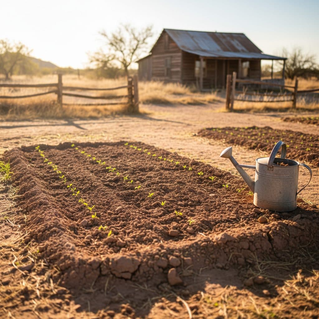 Newly planted garden bed with small green plant starts under a bright sun, a watering can sits nearby, indicating recent care in a hot US climate.