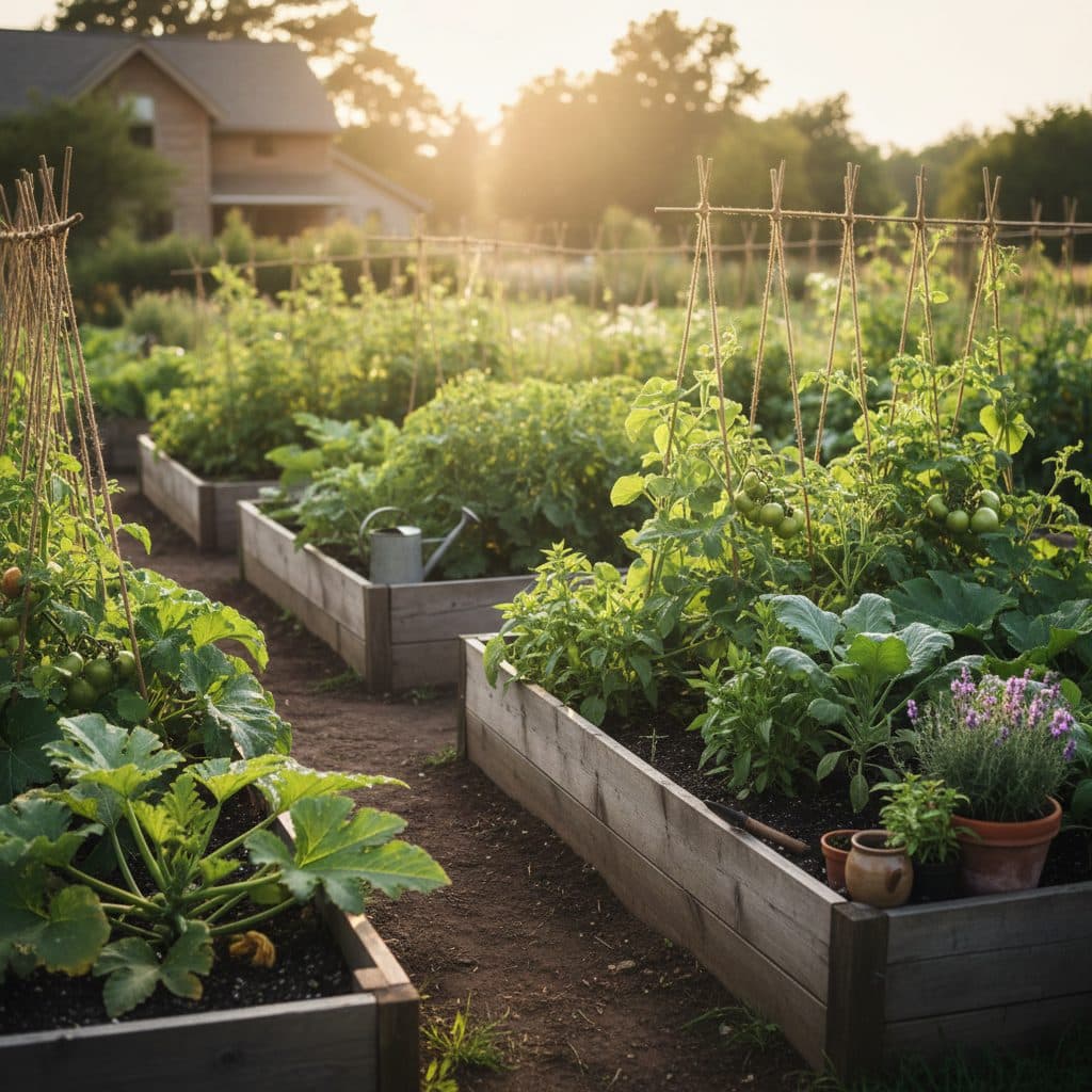 A productive homestead garden featuring elderberry bushes and blueberry wicking beds, designed for water harvesting.