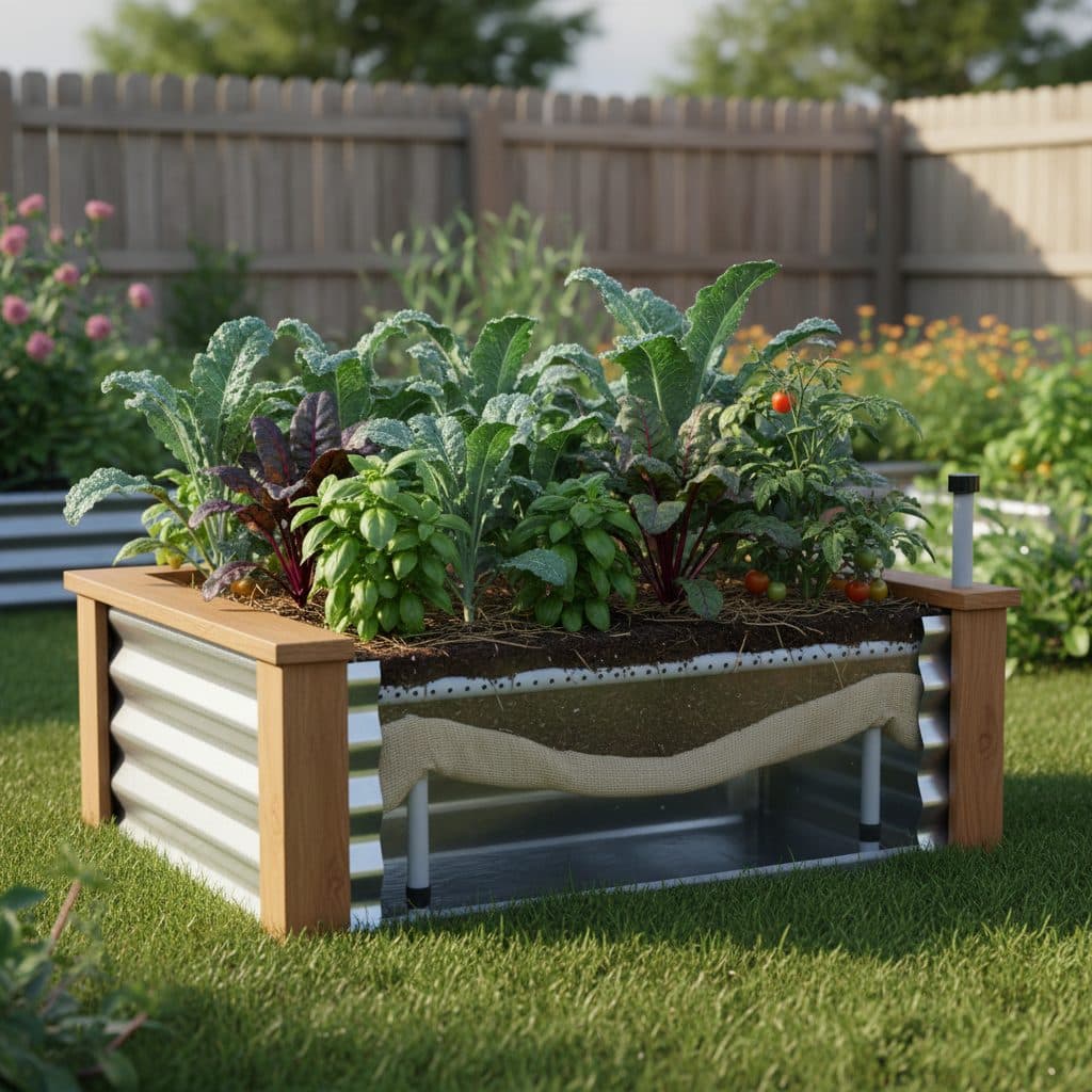 A thriving wicking bed garden with lush green vegetables under a sunny sky.