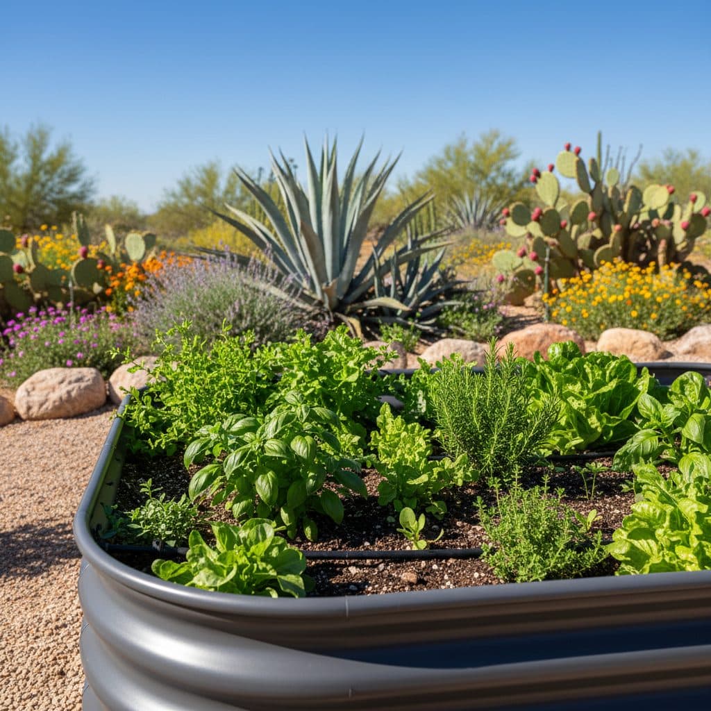 Wicking bed thriving in an Arizona desert landscape