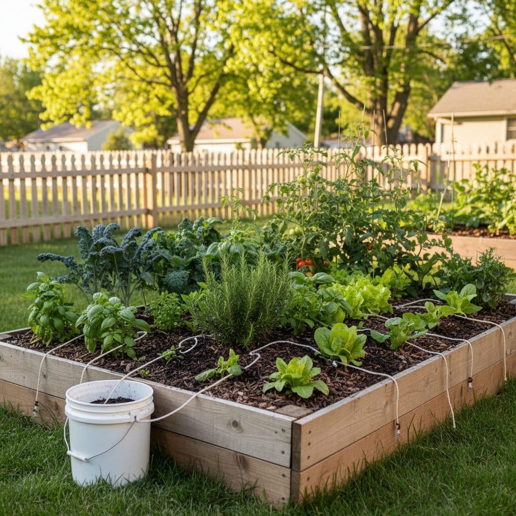 Wicking rope irrigation system in a raised garden bed with a hidden reservoir