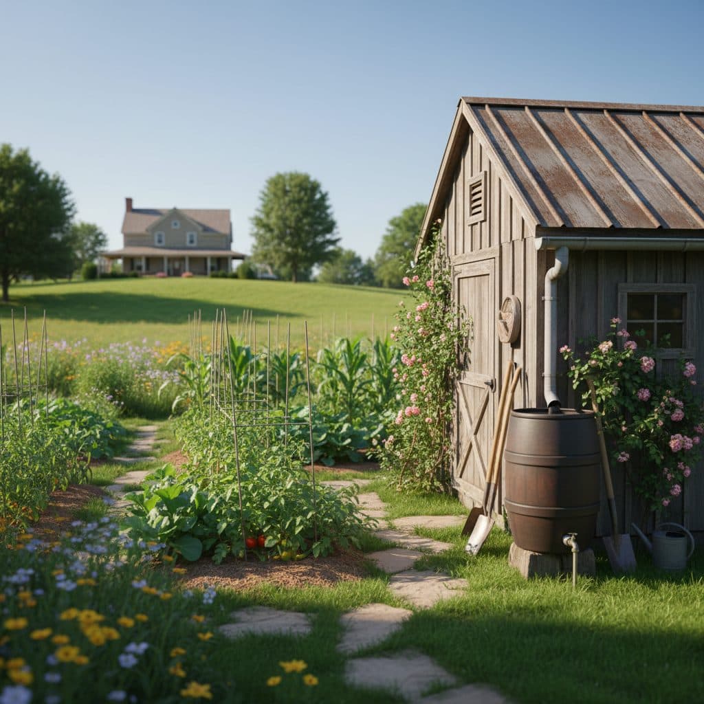A peaceful US homestead with a small vegetable garden, a rain barrel, and a rustic shed, illustrating sustainable living.
