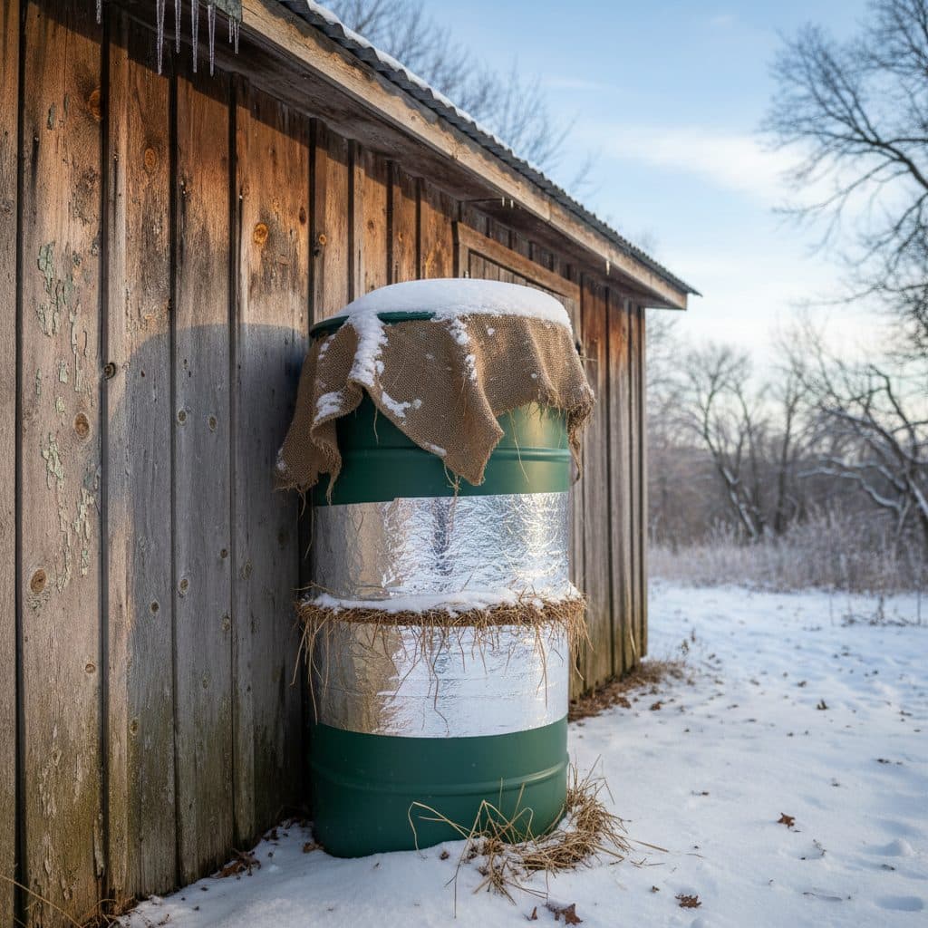 An insulated outdoor worm bin in a snowy New England garden.
