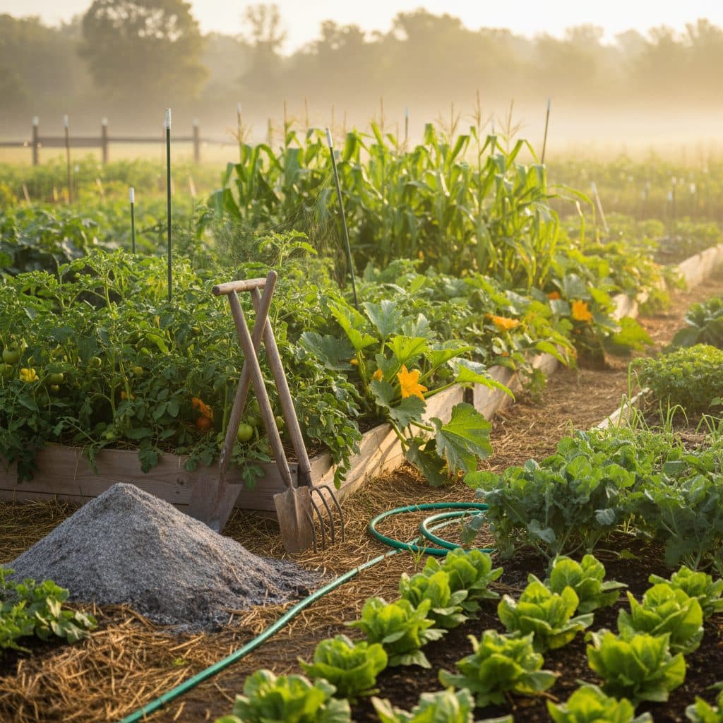 A small, carefully managed pile of wood ash next to a thriving vegetable garden bed on a US homestead.