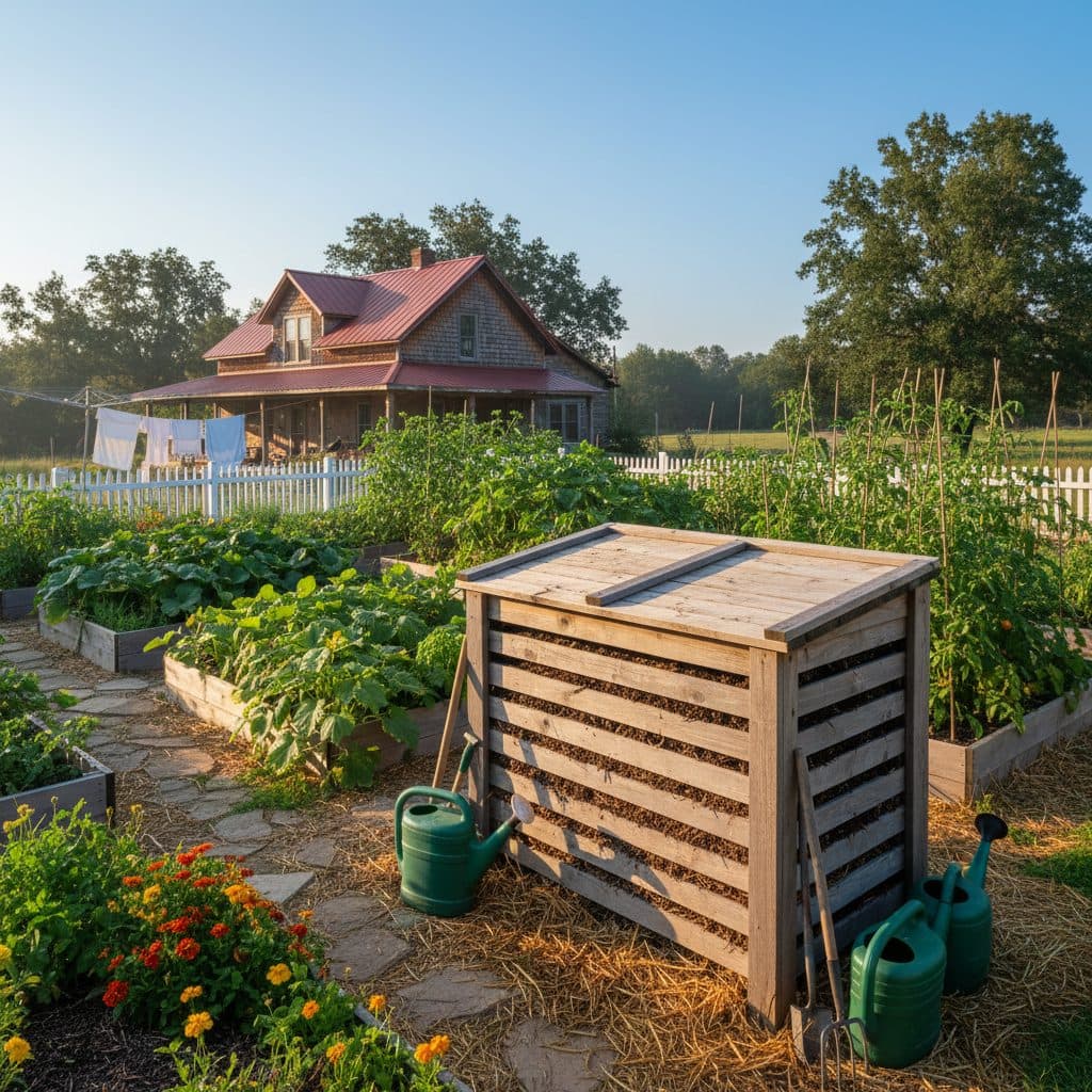 A well-maintained worm bin sitting in a productive US homestead garden with growing vegetables.