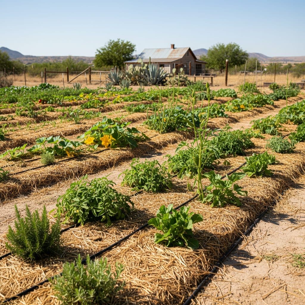 A productive xeriscape vegetable and herb garden thriving in a sunny, dry climate, with a visible drip irrigation system and thick organic mulch.