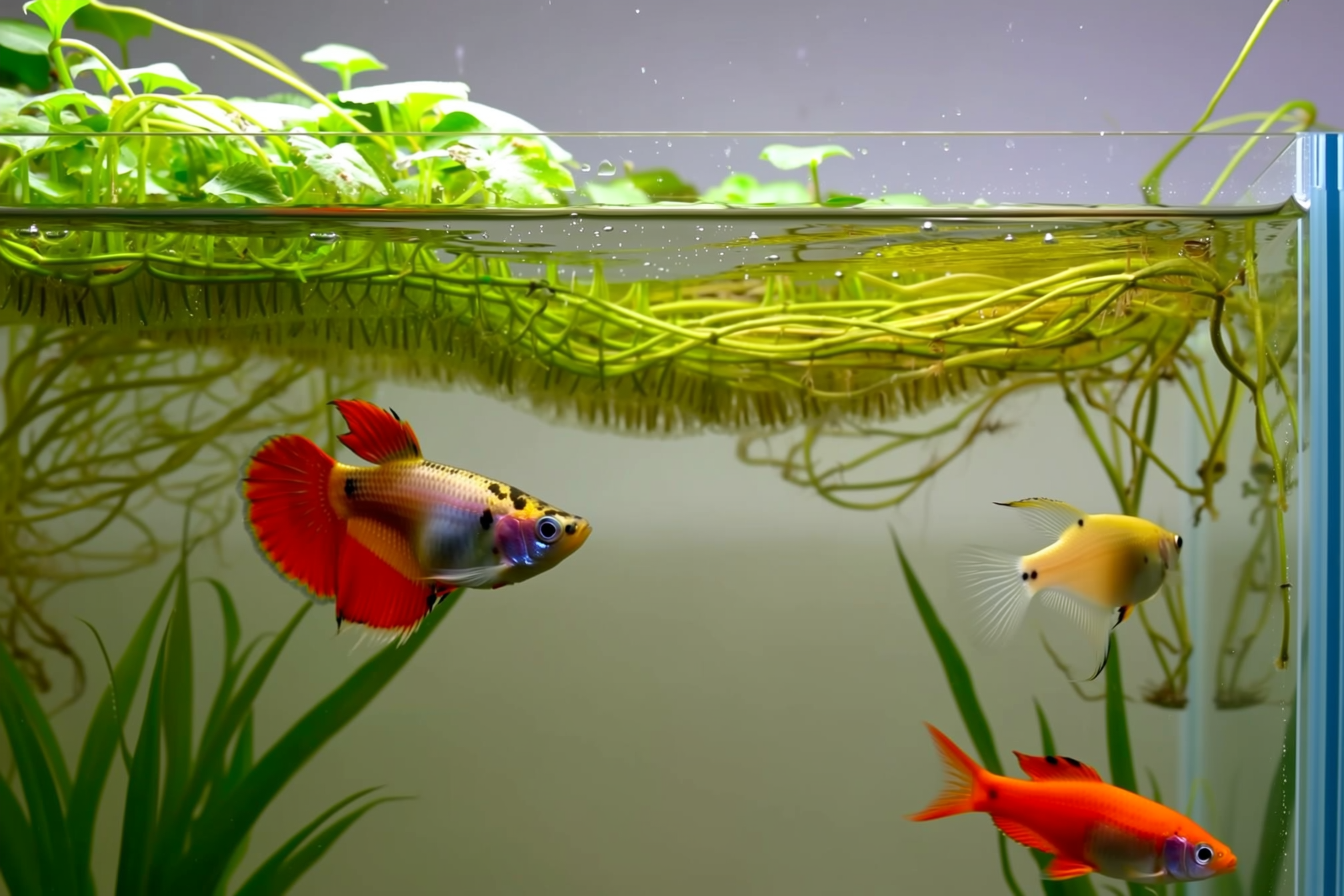 Close-up of colorful guppies and a betta fish in a clean aquarium with growing plant roots visible above the waterline