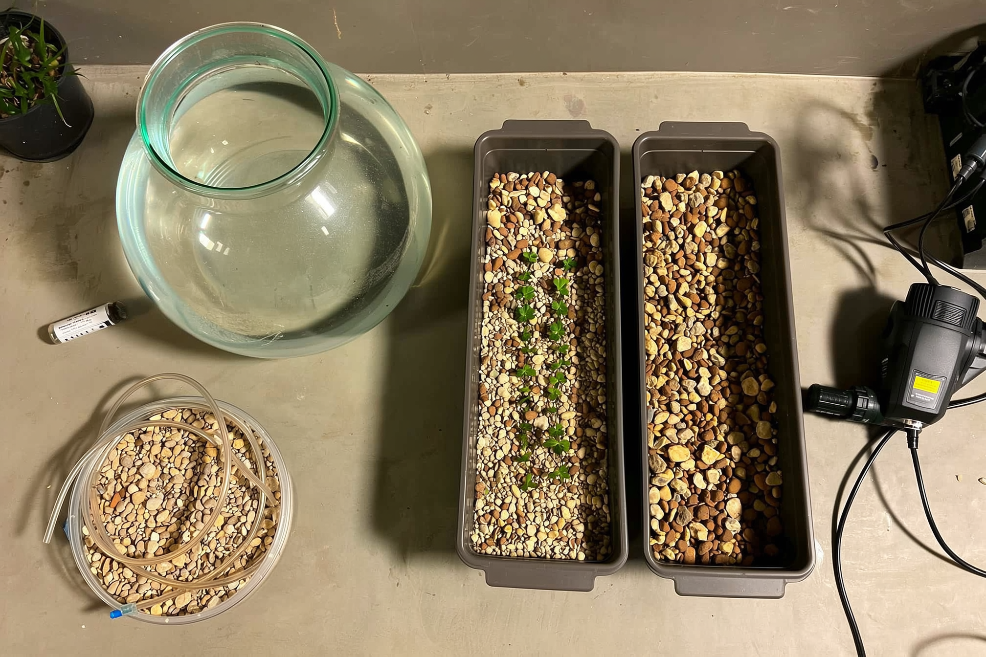 Overhead view of aquaponics components laid out on a workbench: a glass fish tank, a plastic storage tote grow bed, clay pebbles, a small water pump, air pump with tubing, and a pH test kit