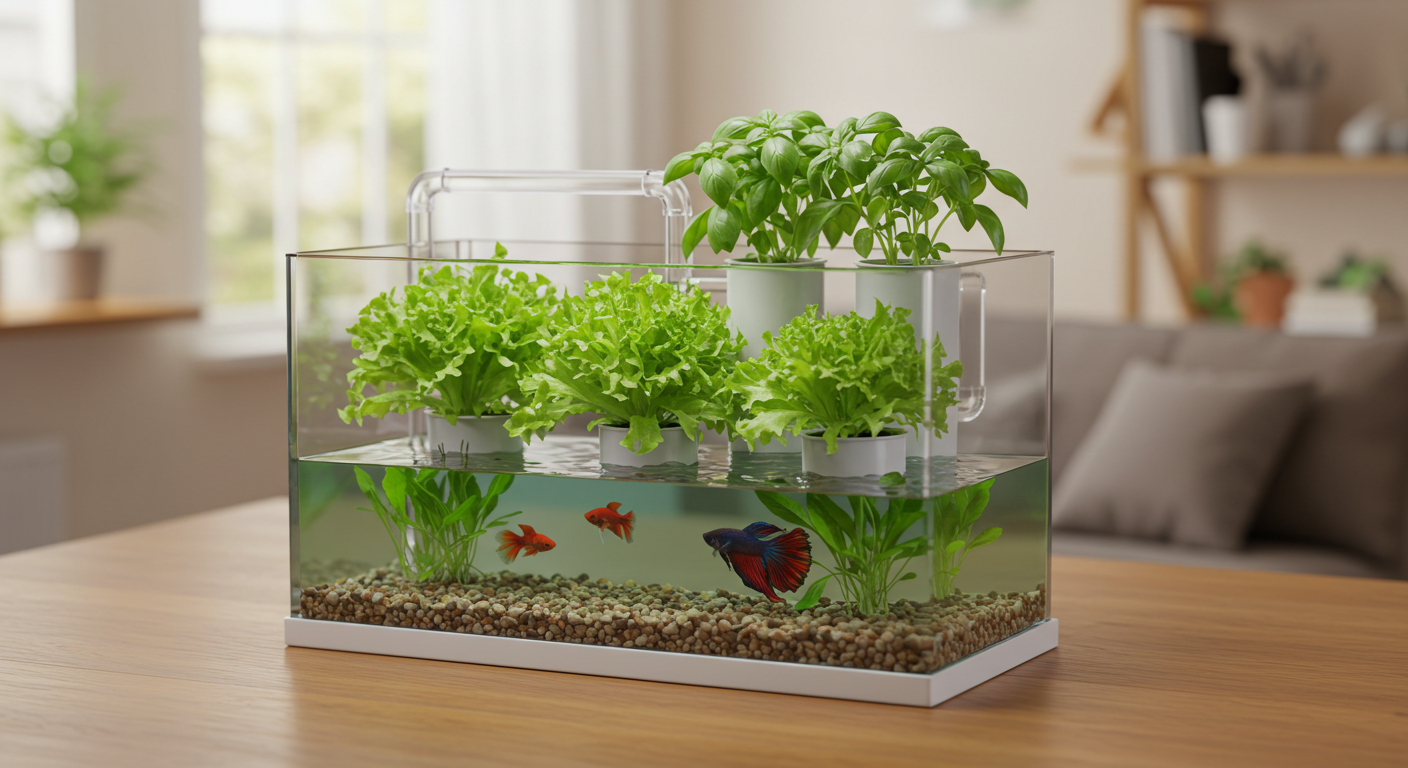 A serene desktop aquaponics system featuring a 10-gallon glass fish tank with a healthy betta fish, topped by a grow bed flourishing with green lettuce and basil plants, set on a light wooden table in a well-lit home interior.