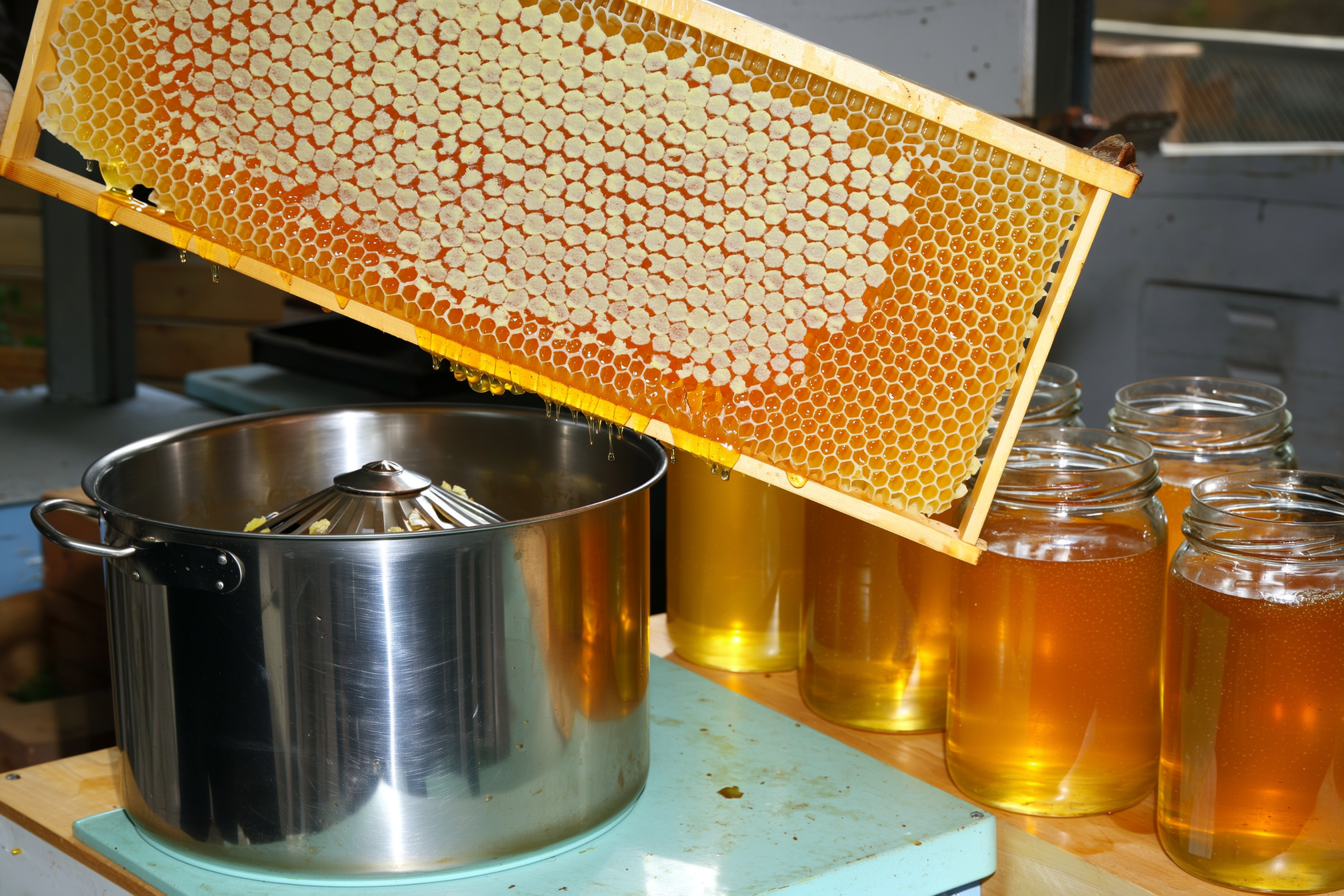 A frame of capped honey lifted from a hive, the hexagonal cells sealed with pale wax, beside a stainless steel honey extractor and jars of strained golden honey on a workbench