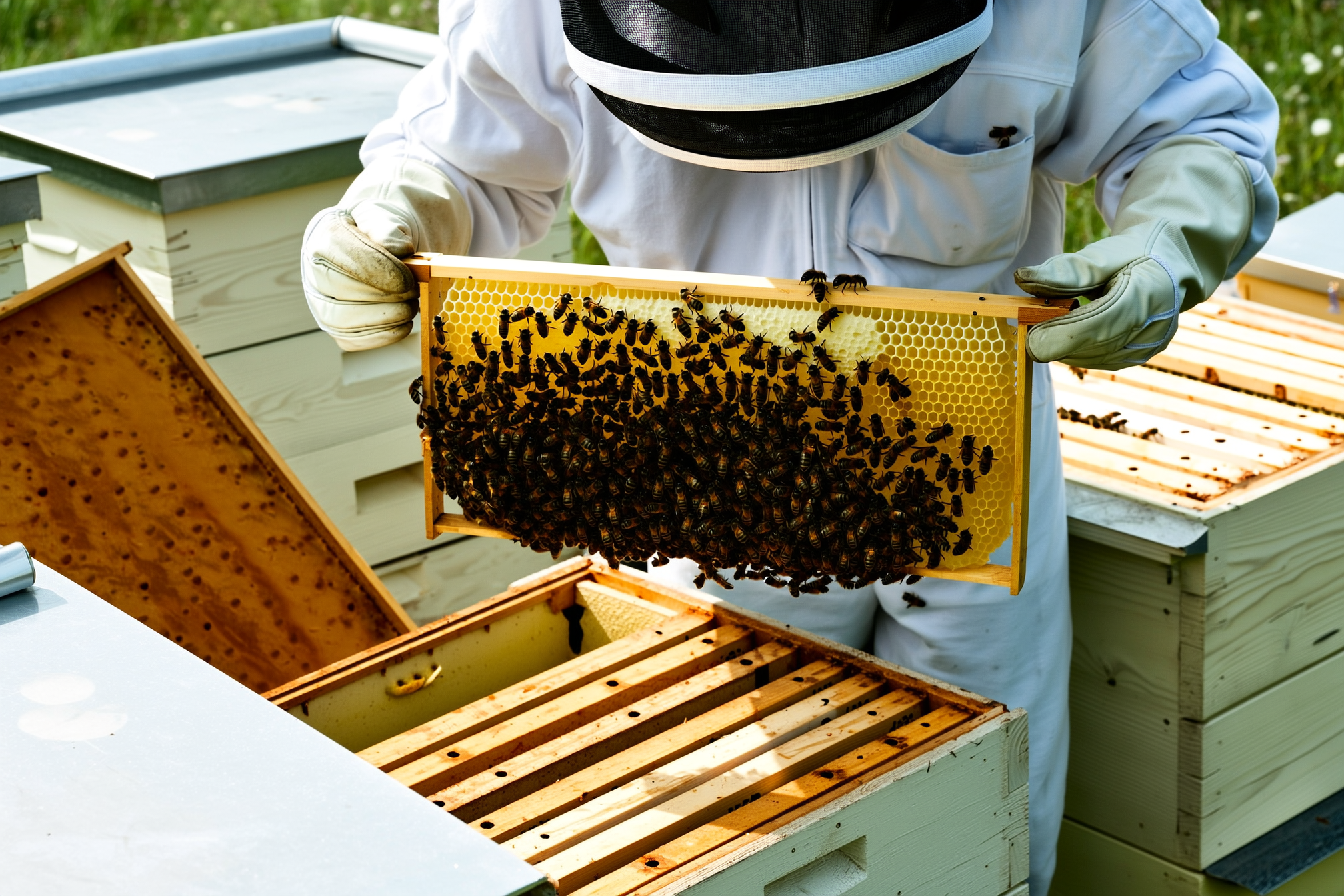 A beekeeper in a white veil and gloves holding up a single frame of bees pulled from an open Langstroth hive, inspecting the brood pattern in bright daylight with the hive boxes open below