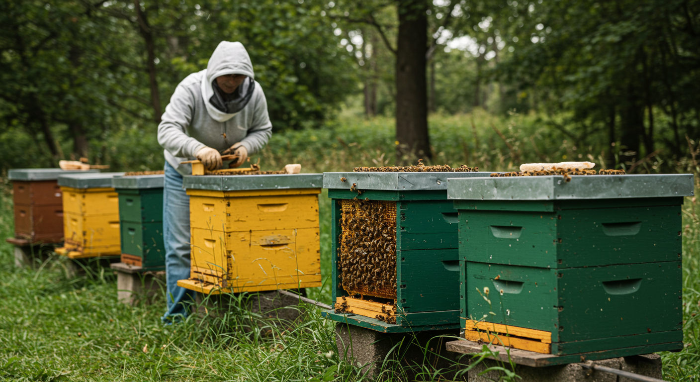 A beekeeper in a white protective suit inspecting a wooden beehive frame covered in honeybees.