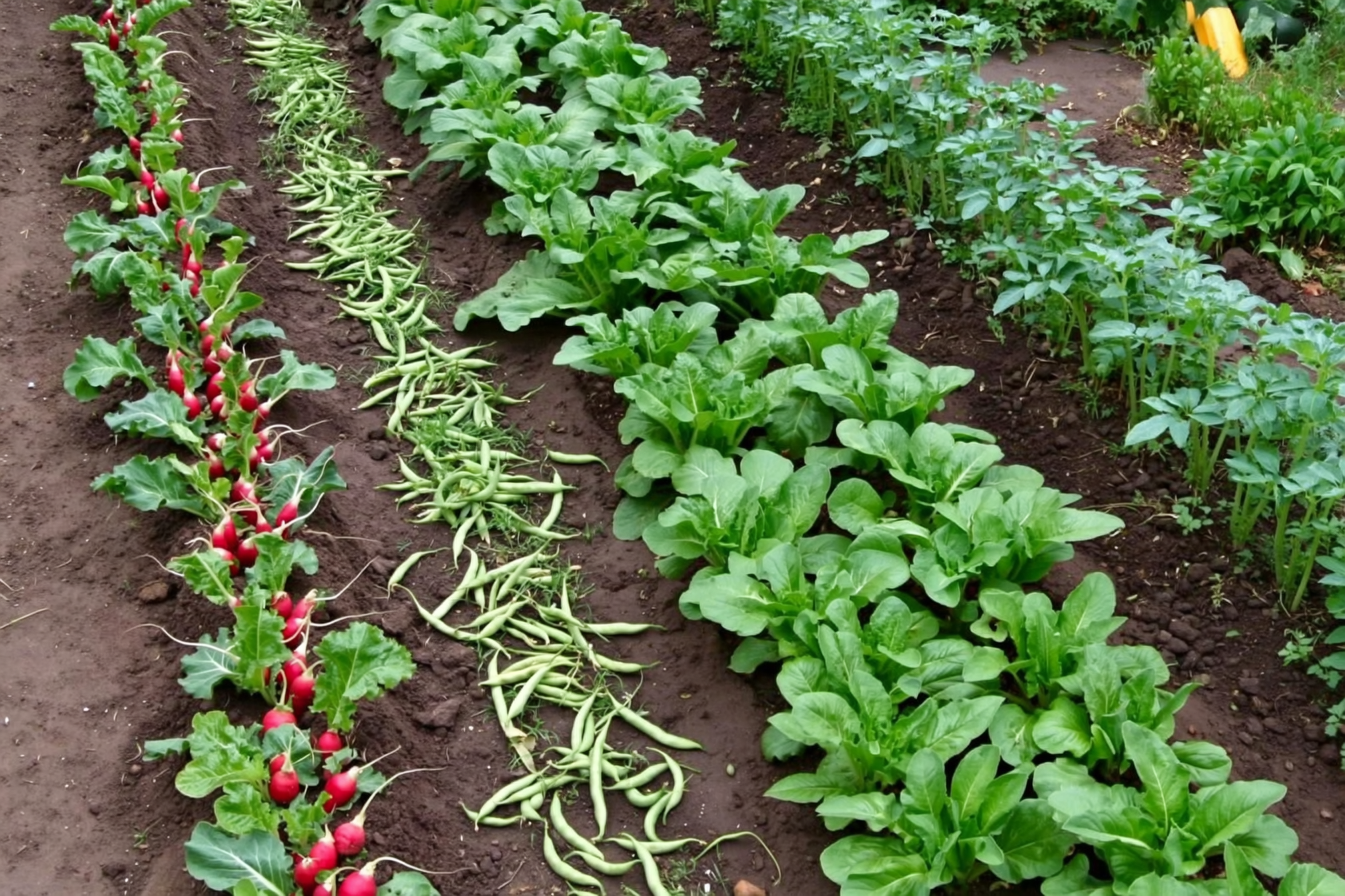 A beginner vegetable bed with rows of red radishes, leaf lettuce, bush beans, and a sprawling zucchini plant ready to harvest in summer light