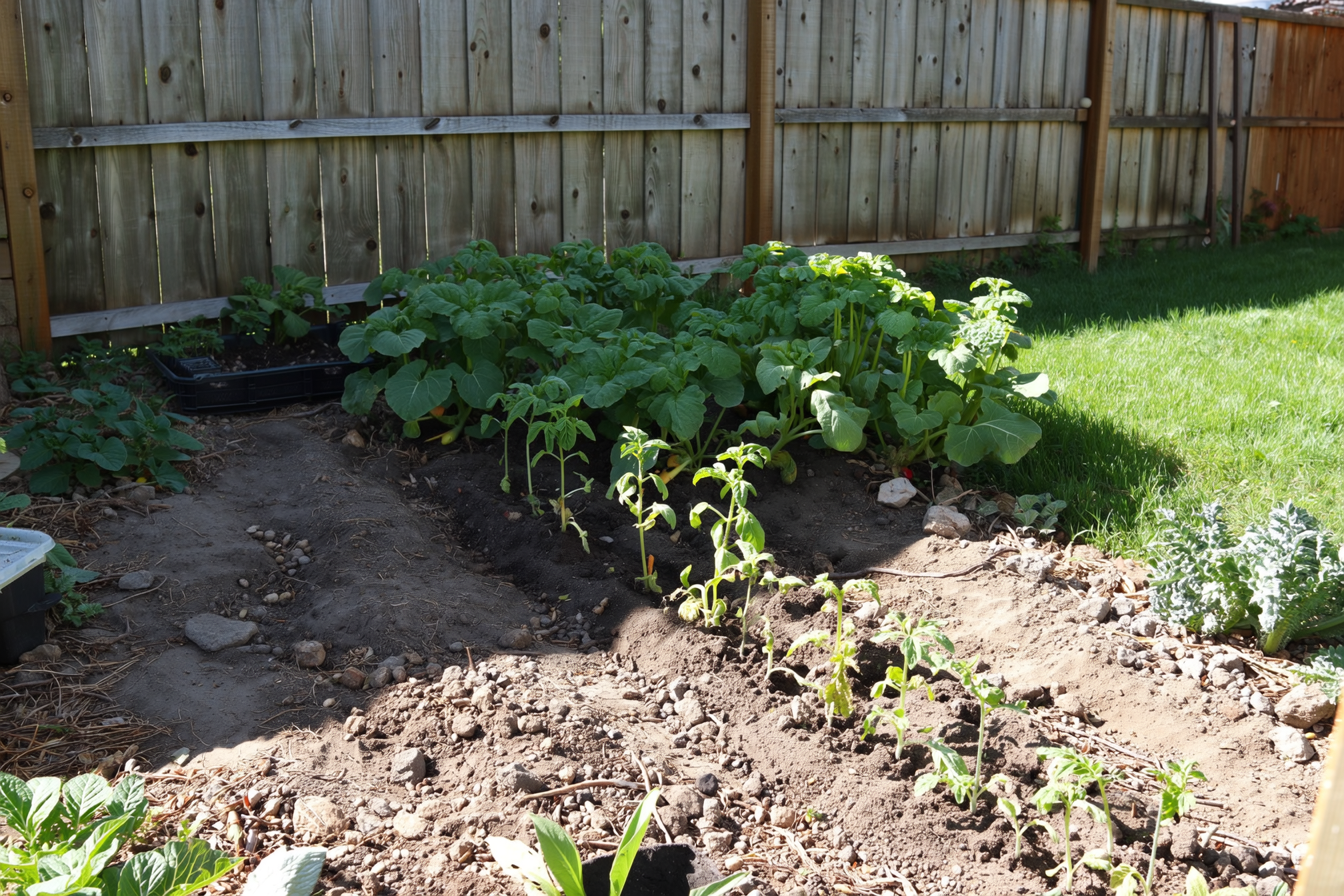 A first-time gardener's sunny backyard corner marked out for a new vegetable bed, morning light falling across bare soil and a few seedling trays