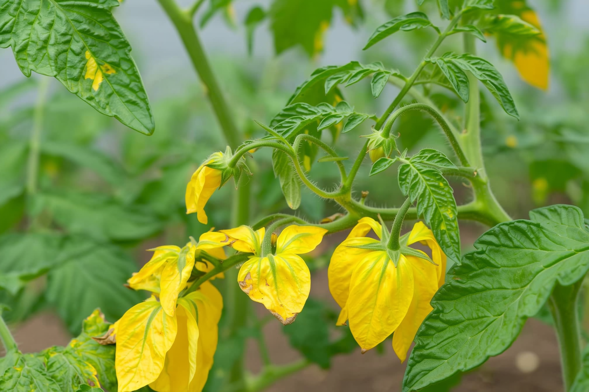 A close view of a tomato plant with some lower leaves yellowing and clusters of yellow flowers, illustrating common beginner troubleshooting questions