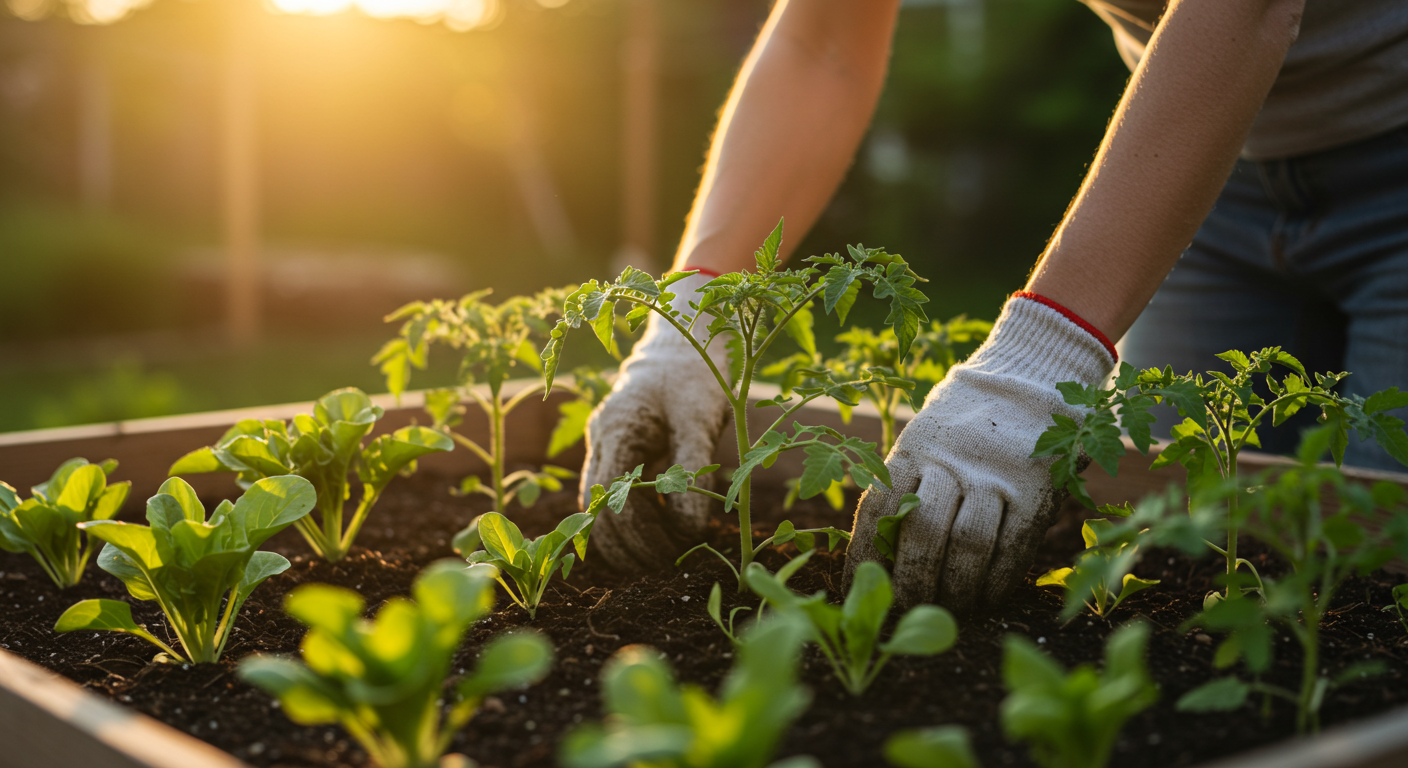 A close-up, natural light photograph of hands in light gardening gloves gently tending a small, thriving raised vegetable garden bed. Vibrant green leafy plants and young tomato plants are visible, rooted in rich, dark soil. The scene conveys care and growth in a home garden setting, with warm golden hour lighting.