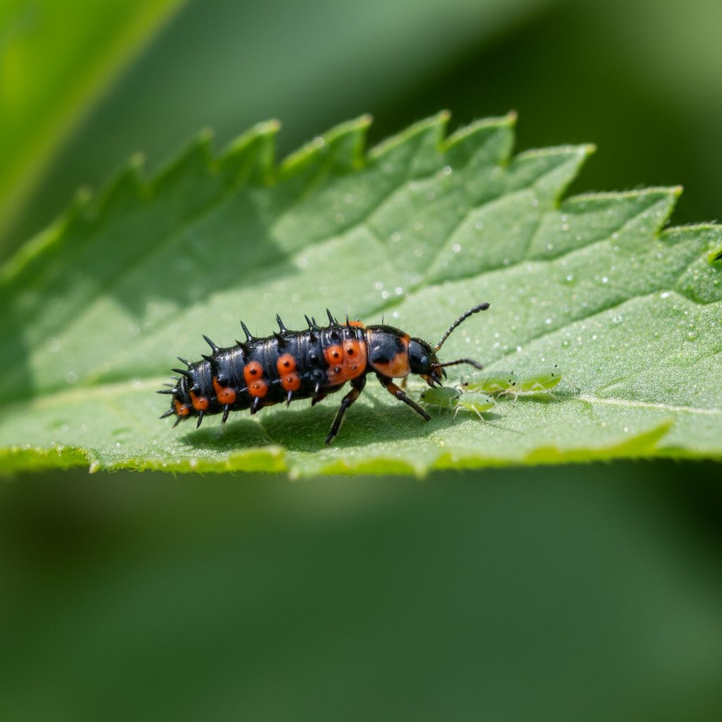 A lady beetle larva, spiky and dark with orange spots, actively preying on green aphids on a vibrant green leaf in a garden.