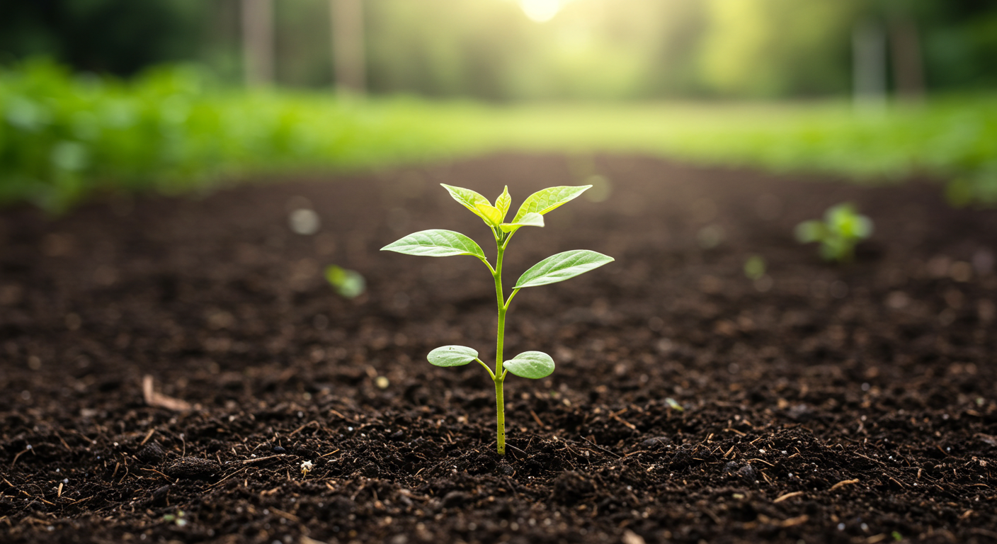 A healthy young nitrogen-fixing tree seedling growing in dark, fertile organic soil.