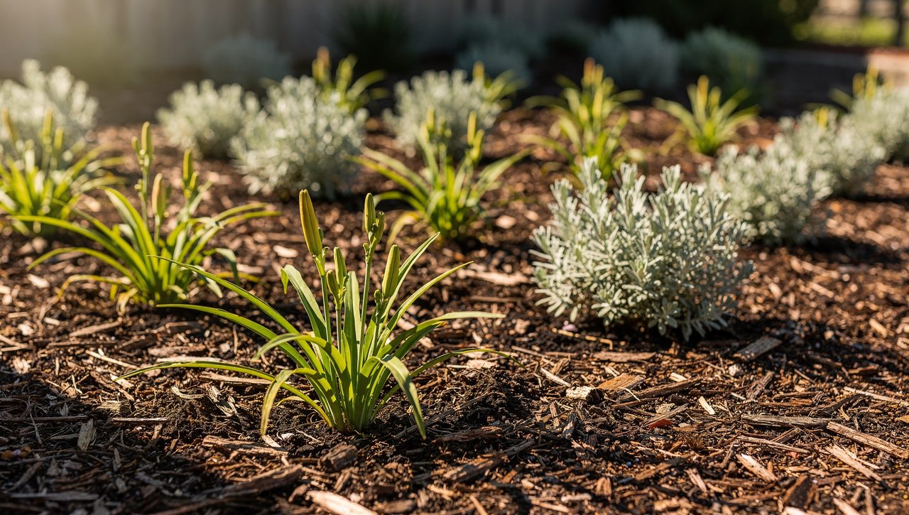 A freshly mulched perennial border with young daylily and sage clumps spaced in groups across dark soil on a bright morning.