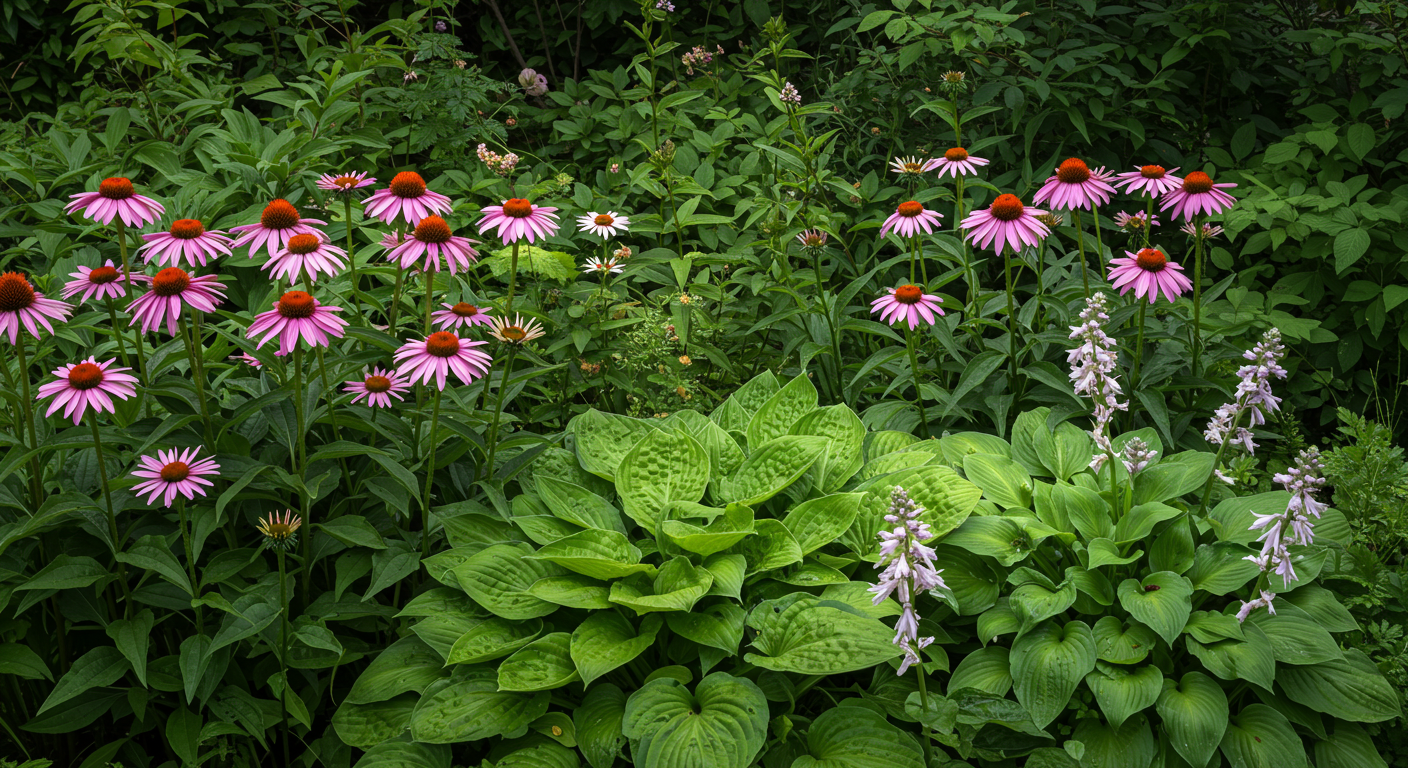 A vibrant, photorealistic garden scene showcasing a diverse perennial bed. On the sunny side, purple coneflowers are in full bloom, attracting bees and butterflies. On the shaded side, lush green hostas with broad leaves thrive under the dappled light of trees. The garden appears healthy and well-established.
