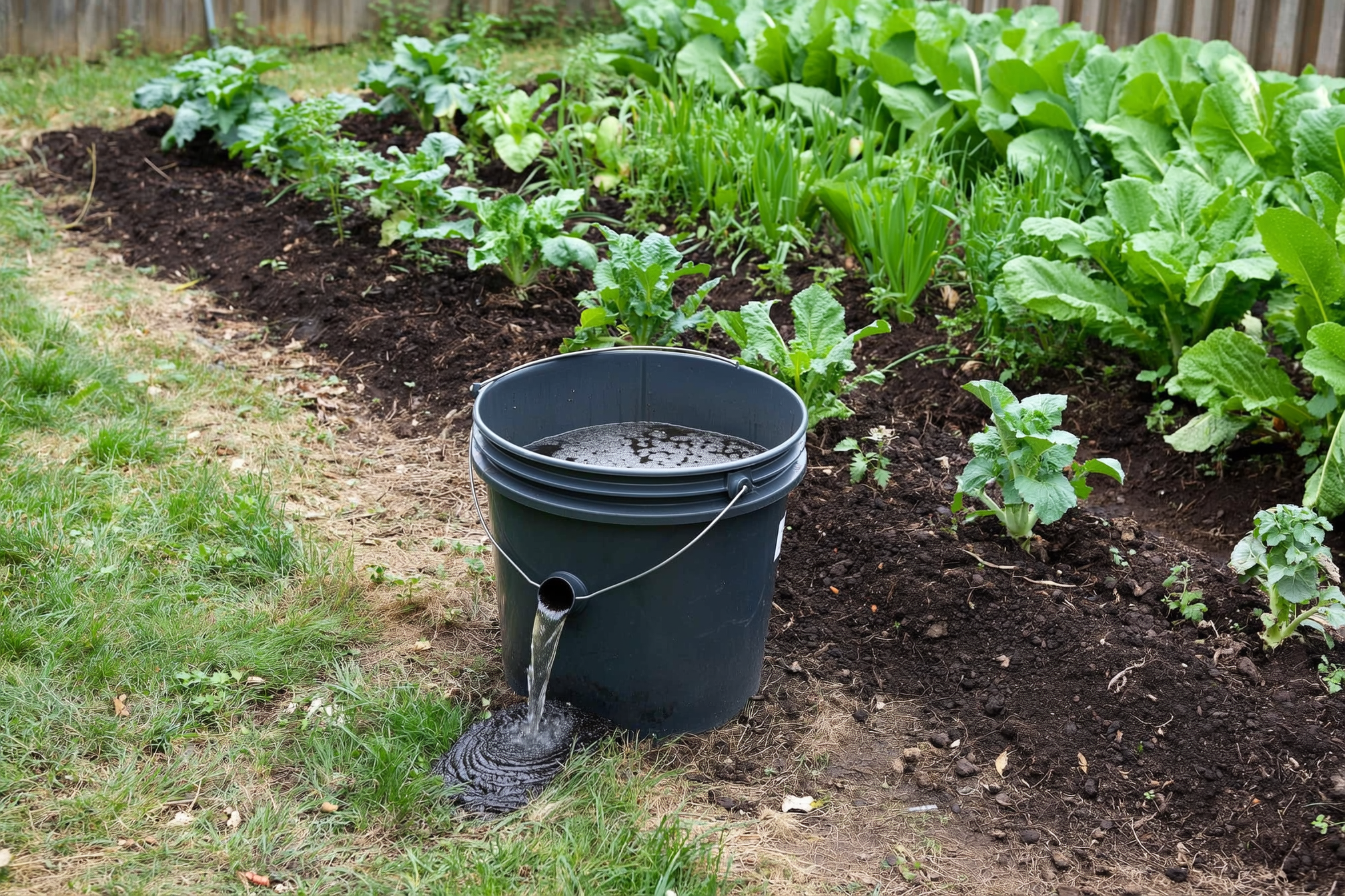 Dark liquid digestate draining from the outlet pipe of a home anaerobic digester into a bucket, beside a vegetable garden bed on a homestead, ready to be diluted and applied as fertilizer.