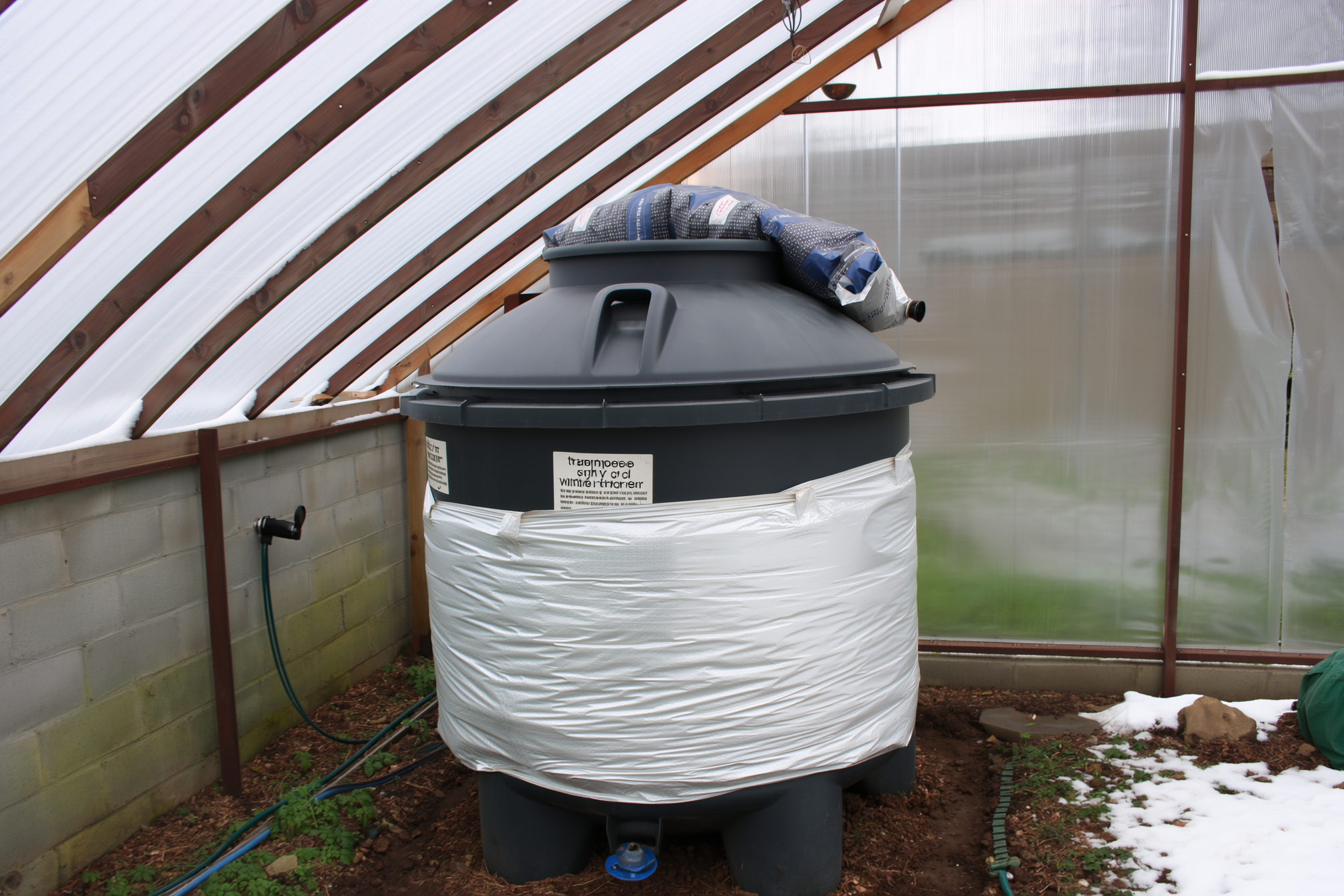 A 275-gallon IBC-tote anaerobic digester wrapped in rigid foam insulation inside a small backyard greenhouse, a gas bag overhead, snow visible through the panels.