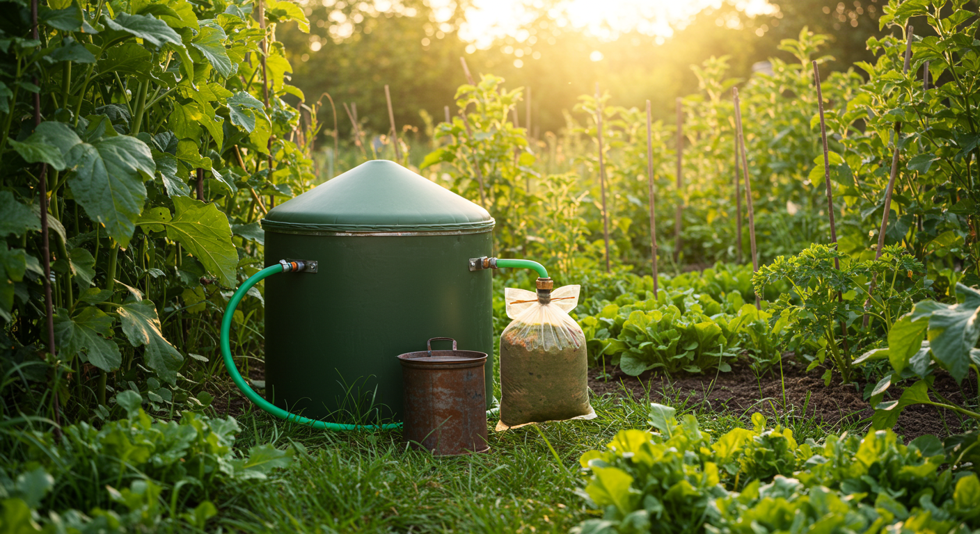 A compact home biogas digester with connecting pipes and a gas storage bag, situated within a thriving organic vegetable garden, symbolizing sustainable energy and waste management.