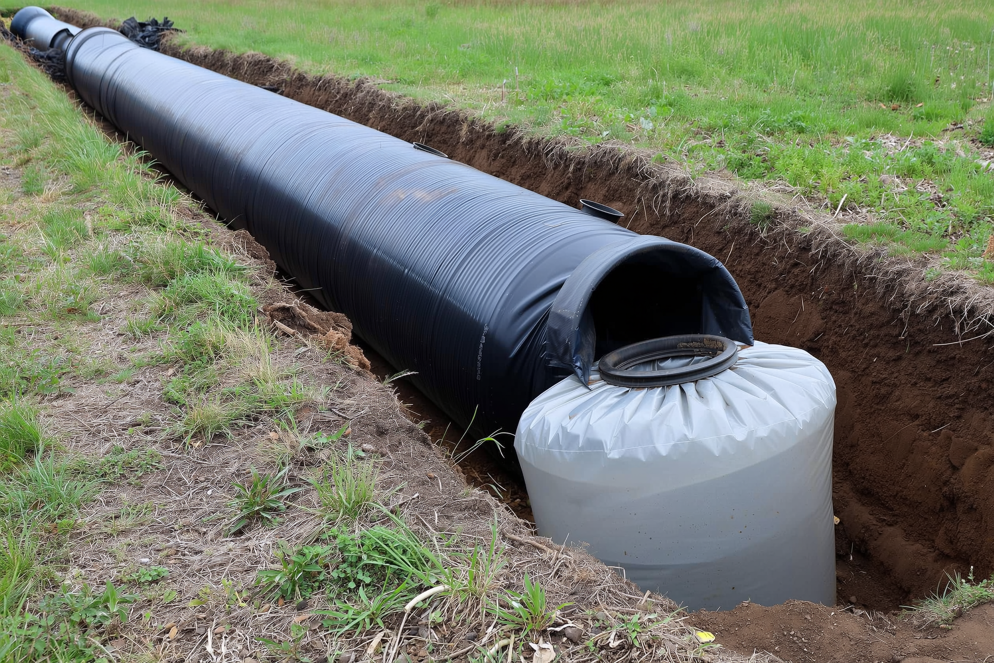 A long black polyethylene tube biodigester partly buried in a trench on a small homestead, slightly inclined, with a clear gas bag inflating above it and a feed inlet at the higher end.