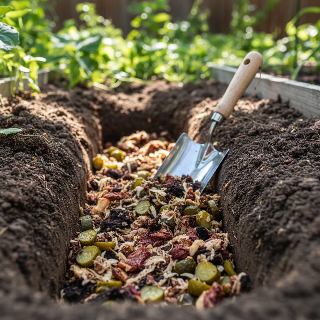 Burying Bokashi pre-compost in a garden bed trench.