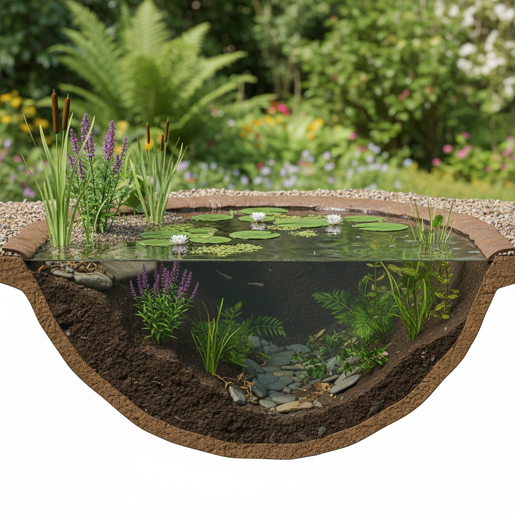 Cross-section diagram illustrating the different depth zones of a backyard wildlife pond, including a shallow shelf, a deep zone, the pond liner, and various types of emergent, submerged, and floating aquatic plants.