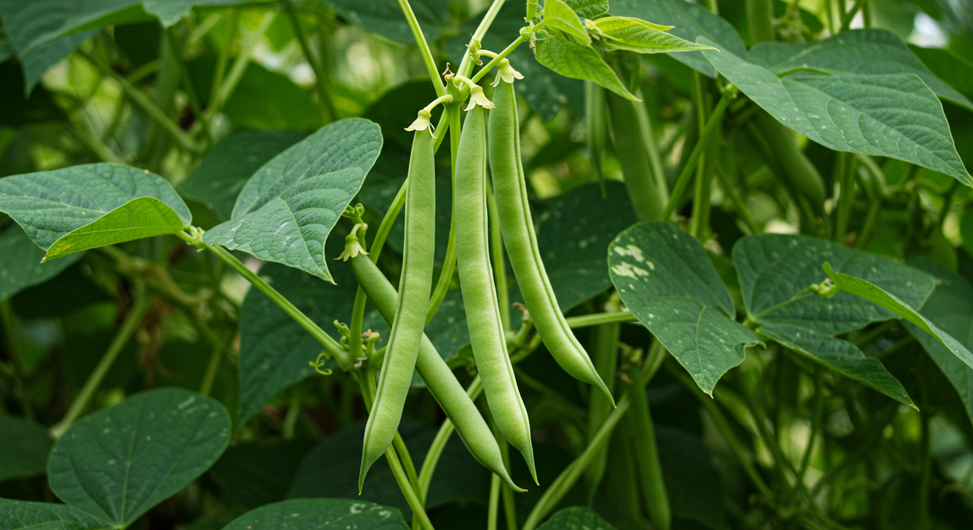 Plump green snap beans hanging from climbing vines in a sunny backyard vegetable garden.