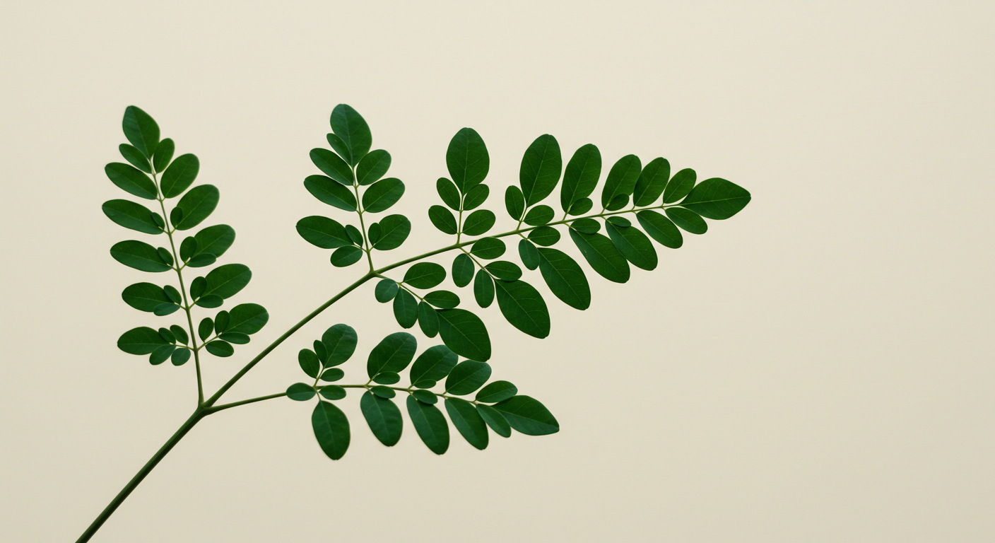 Delicate compound leaflets of a Moringa tree silhouetted against a warm cream background.
