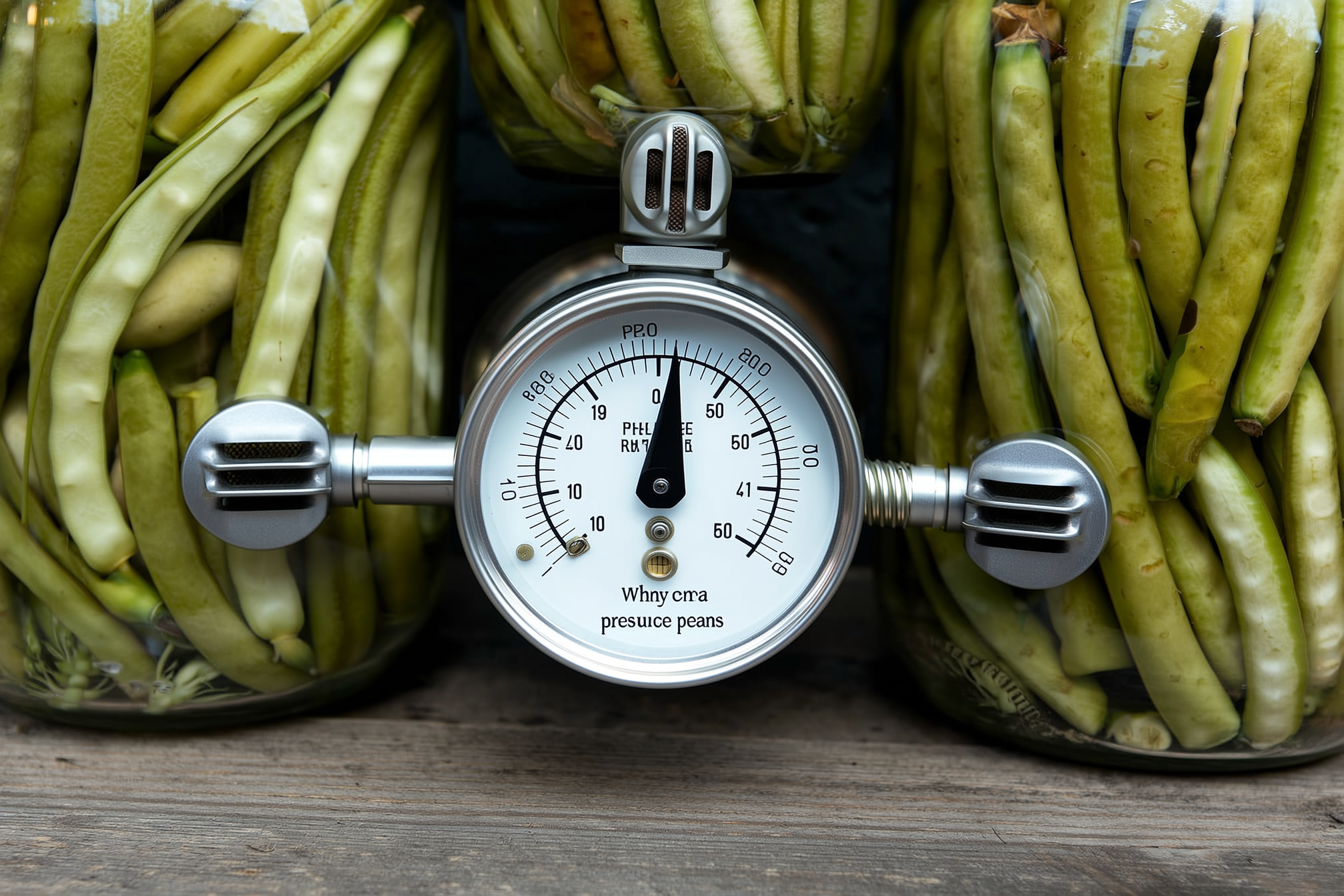 Close-up of a pressure canner gauge showing 11 PSI with steam venting beside jars of green beans