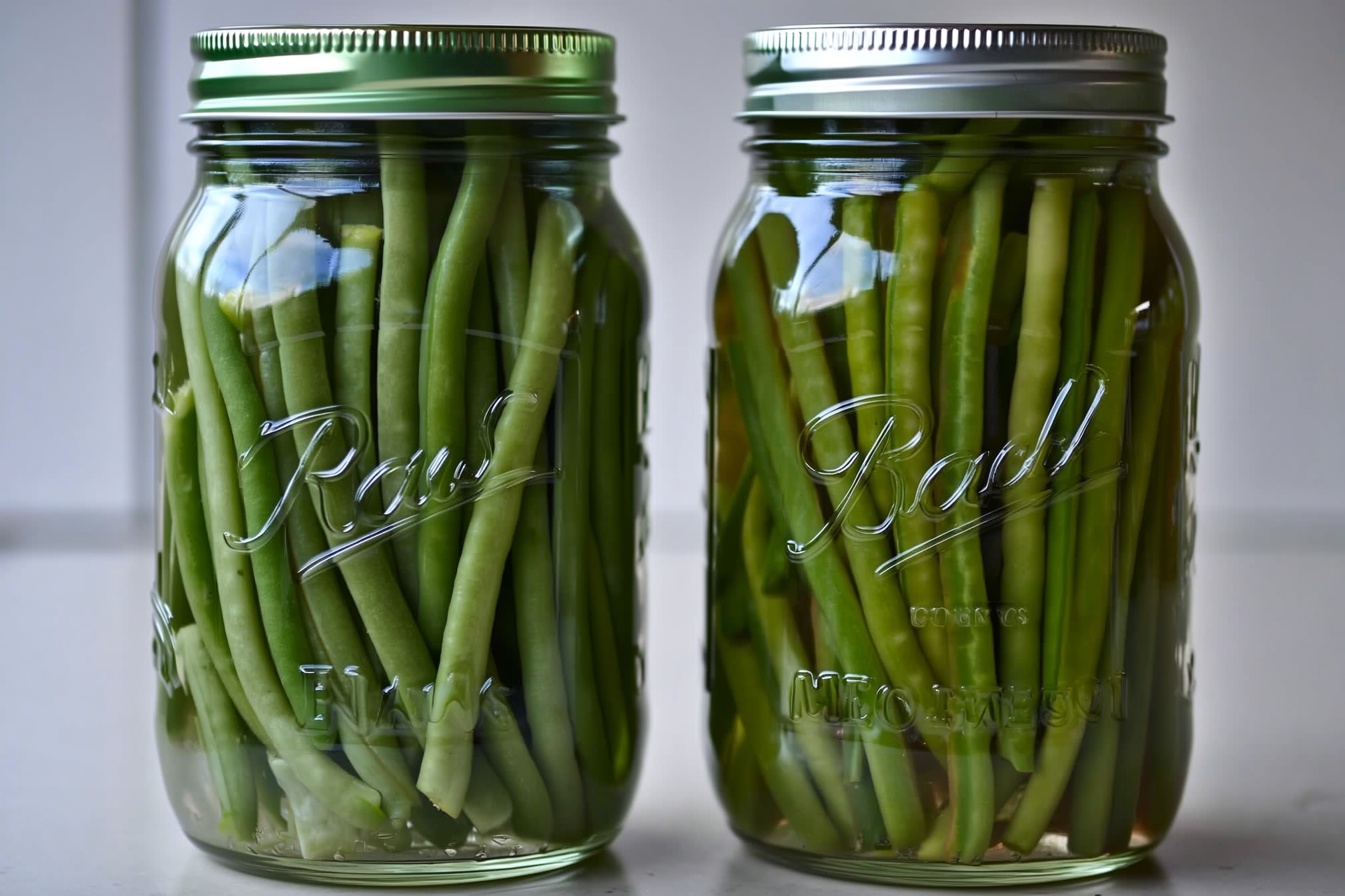Two Mason jars side by side: one packed with raw green beans and one with cooked green beans before lidding, showing the difference in color and fill level
