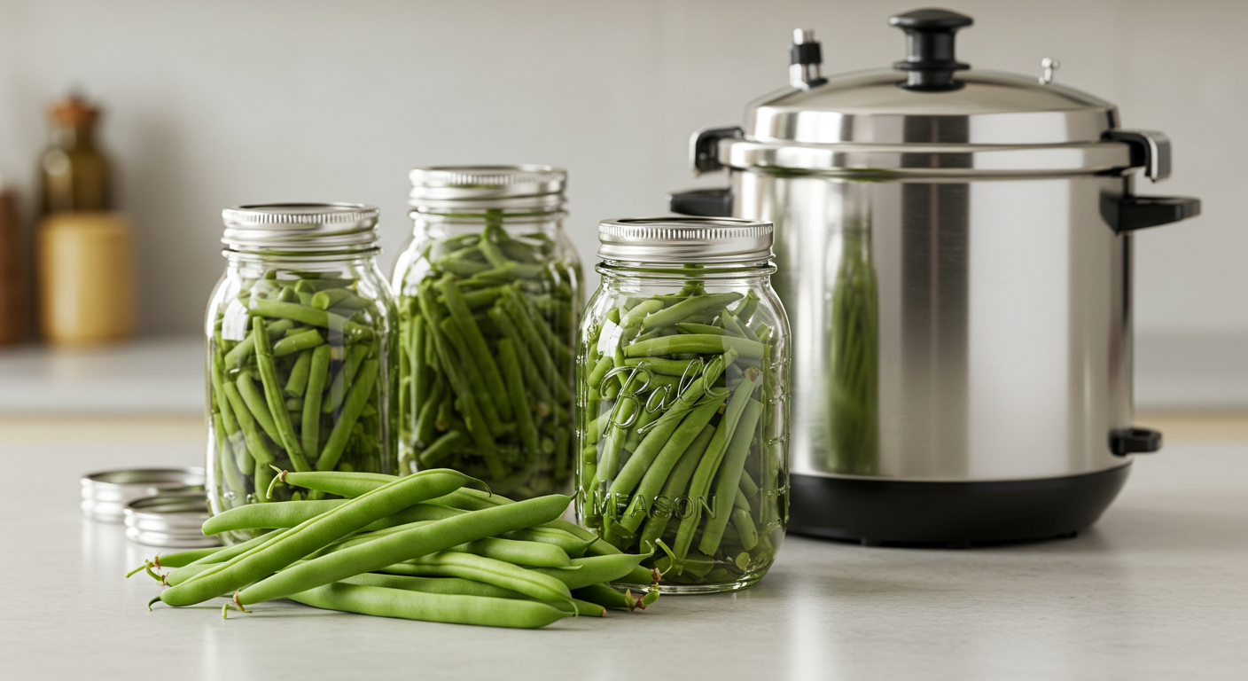 A domestic kitchen scene showing fresh, raw green beans alongside several glass canning jars, some empty and some filled with home-canned green beans. A stainless steel pressure canner is visible in the background, signifying safe preservation methods for low-acid vegetables.