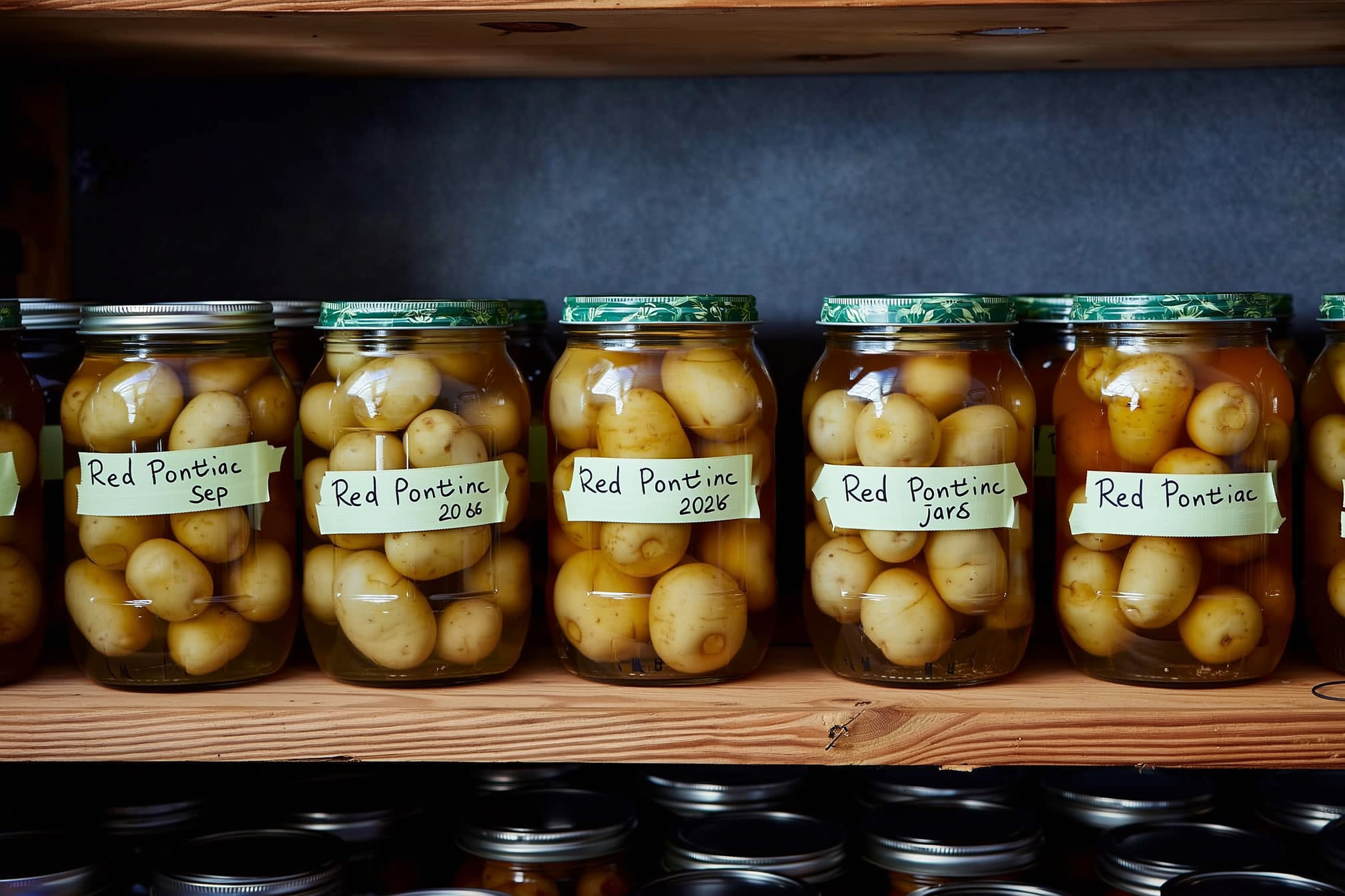 Rows of labeled home-canned potato jars stored on a wooden cellar shelf in a cool dark space, with 'Red Pontiac Sep 2026' hand-written on masking-tape labels