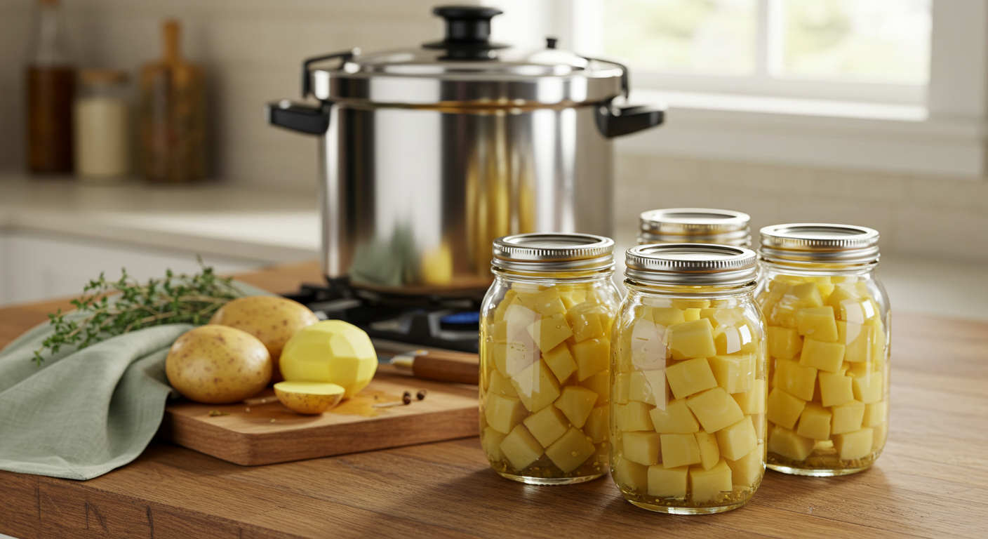 A close-up, photorealistic shot of freshly pressure-canned cubed potatoes in clear glass jars on a rustic kitchen counter. A stainless steel pressure canner is visible in the background, alongside fresh peeled potatoes on a wooden board. The scene is bathed in natural light, with green linen accents and a cream wall.