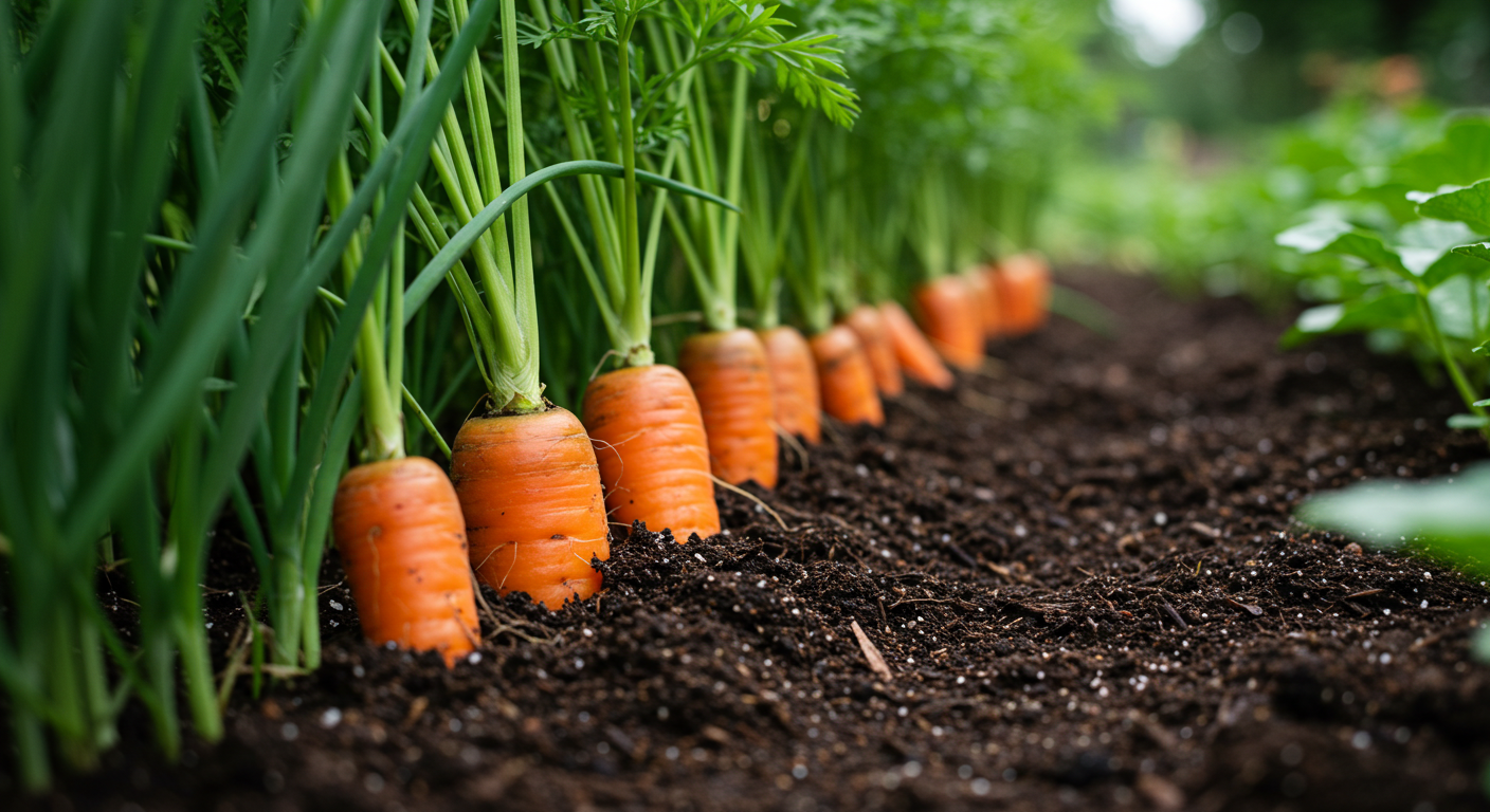 Vibrant orange carrots partially visible in dark, rich soil, growing in an organic garden bed next to a cluster of upright, green chive plants, illustrating beneficial companion planting.