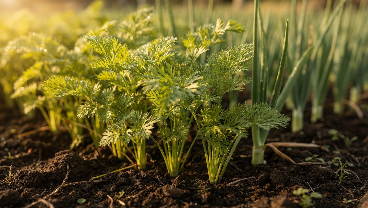 Rows of feathery green carrot tops growing alongside upright green onion and chive foliage in dark garden soil in morning light.