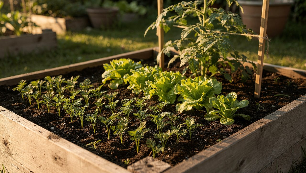 A raised vegetable bed with young carrot seedlings and lettuce growing beneath a staked tomato plant that casts light afternoon shade over the dark soil.