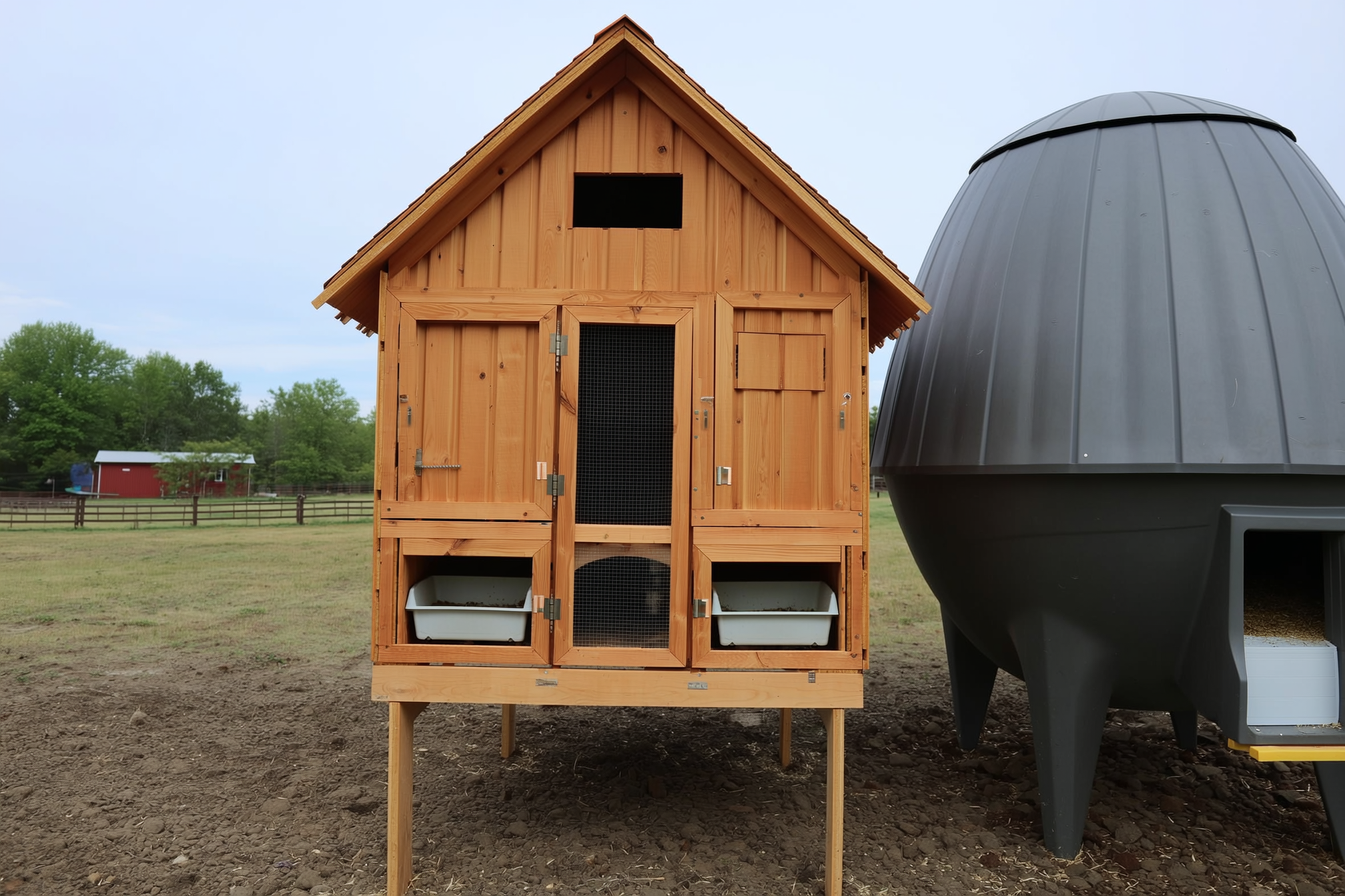 A wood-framed chicken coop raised on legs beside a molded plastic coop, showing the contrast in materials, with nesting box doors and a roost visible, no people