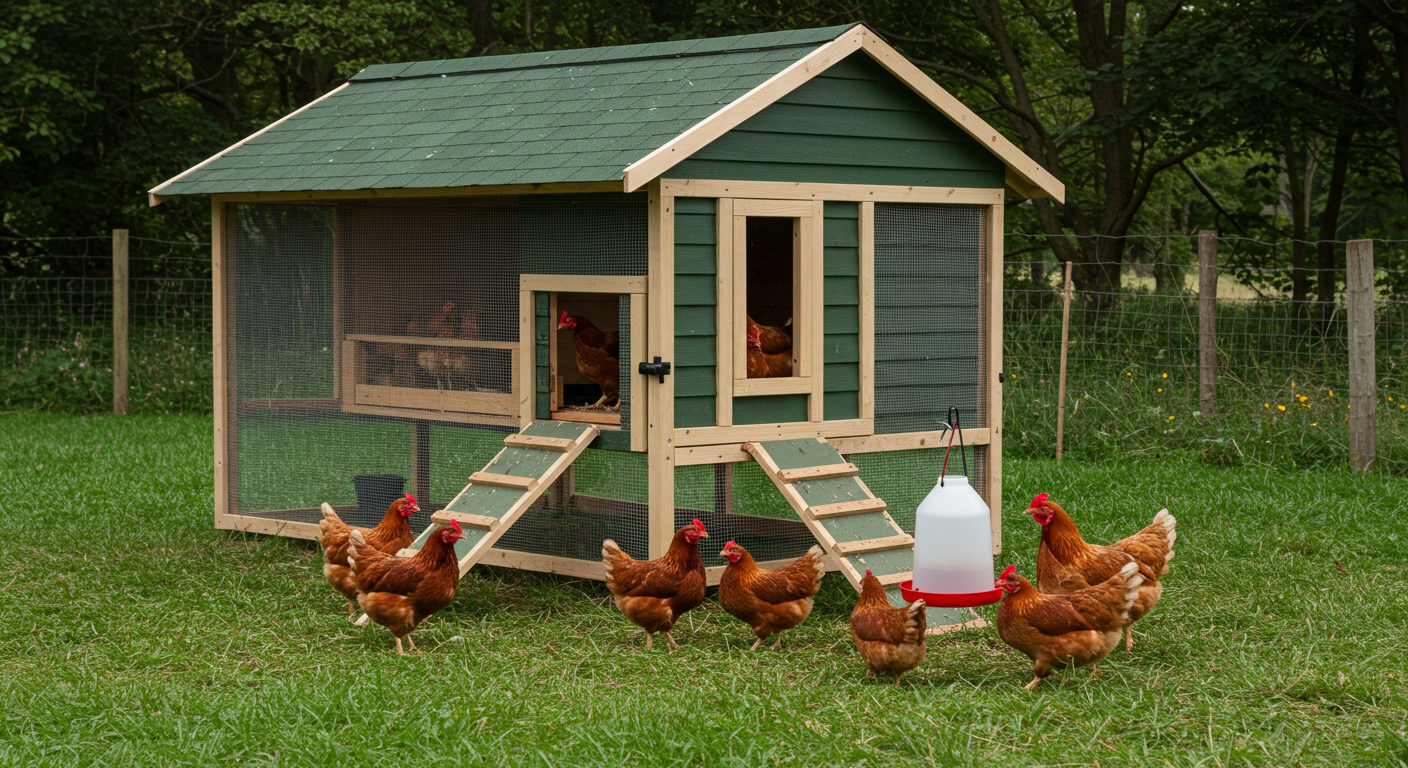 A beautiful wooden chicken coop in a green grassy backyard garden with nesting boxes.