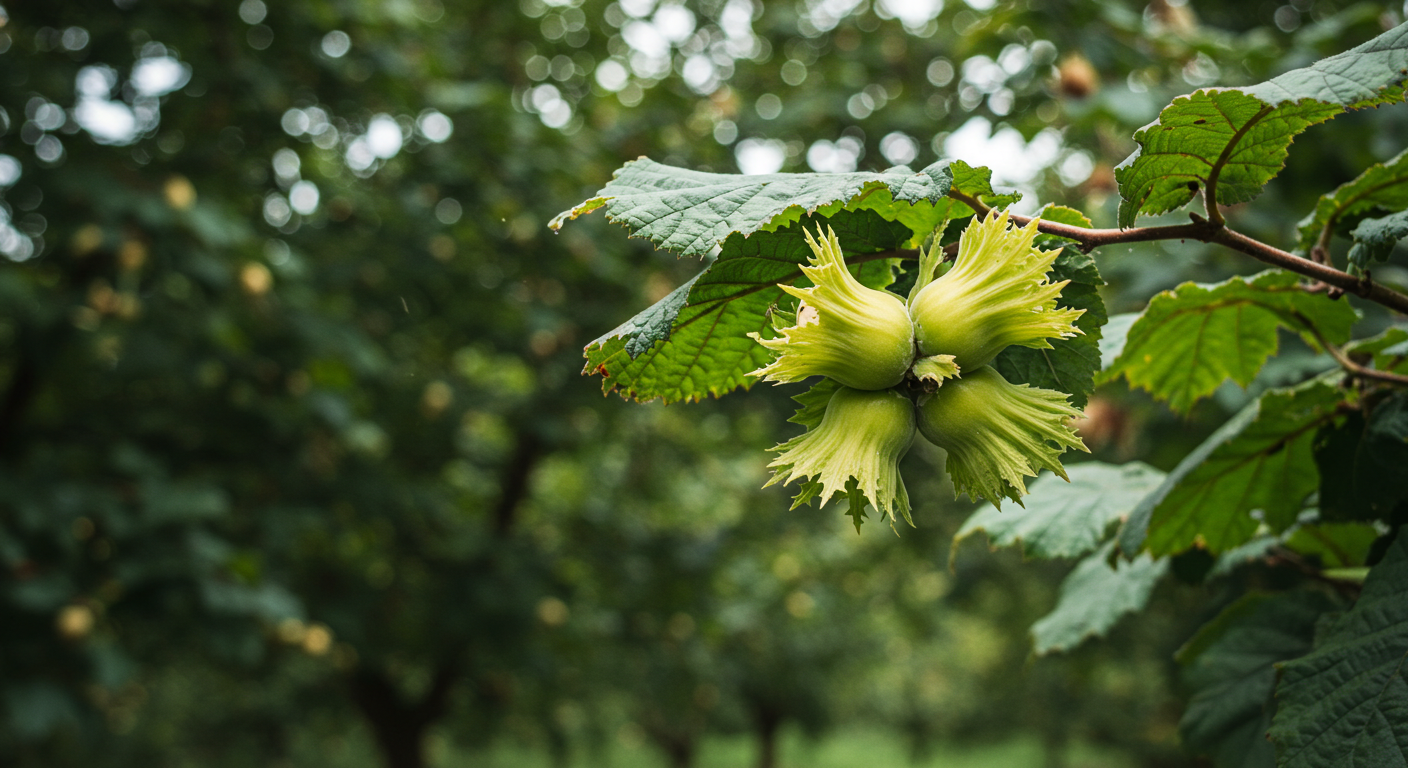 A branch of a hazelnut tree with developing green nut husks hanging under orchard canopy.