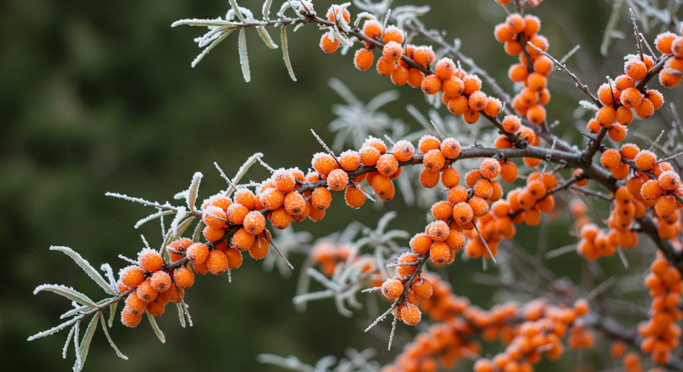 Frost-kissed branches of a Sea Buckthorn shrub loaded with bright orange berries in winter.