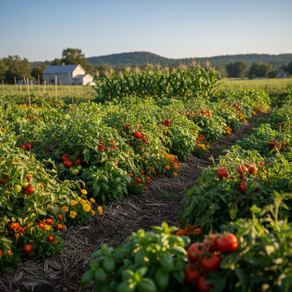 A diverse garden showing companion planting with tomatoes, basil, and marigolds.