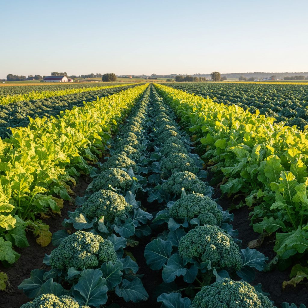 Mustard greens planted as a trap crop bordering a field of broccoli.