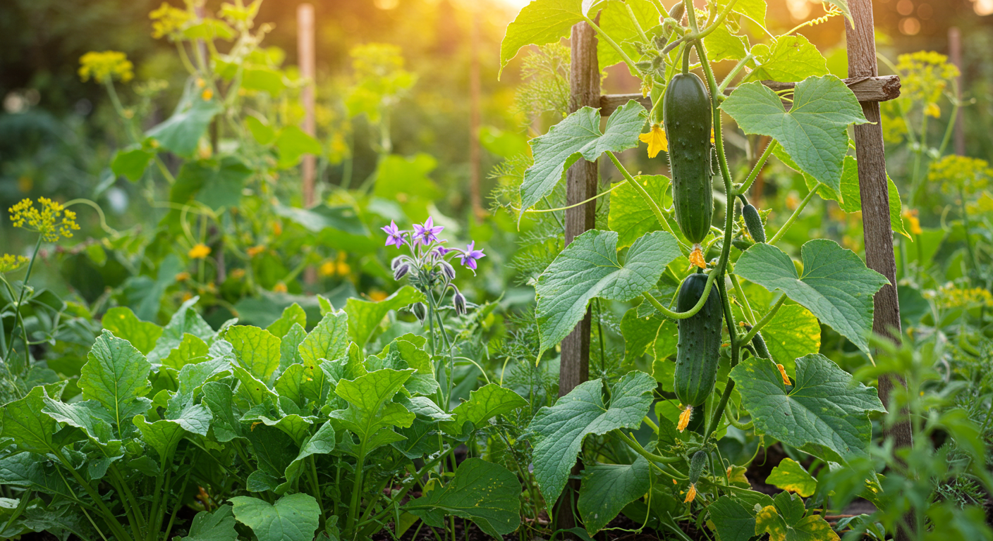 A close-up, ground-level photograph of a healthy cucumber plant trellised upwards, its long vines bearing small cucumbers. At the base, leafy green radishes and compact bush beans grow, with purple borage flowers and feathery dill peeking out between the cucumber foliage, all bathed in soft sunlight.