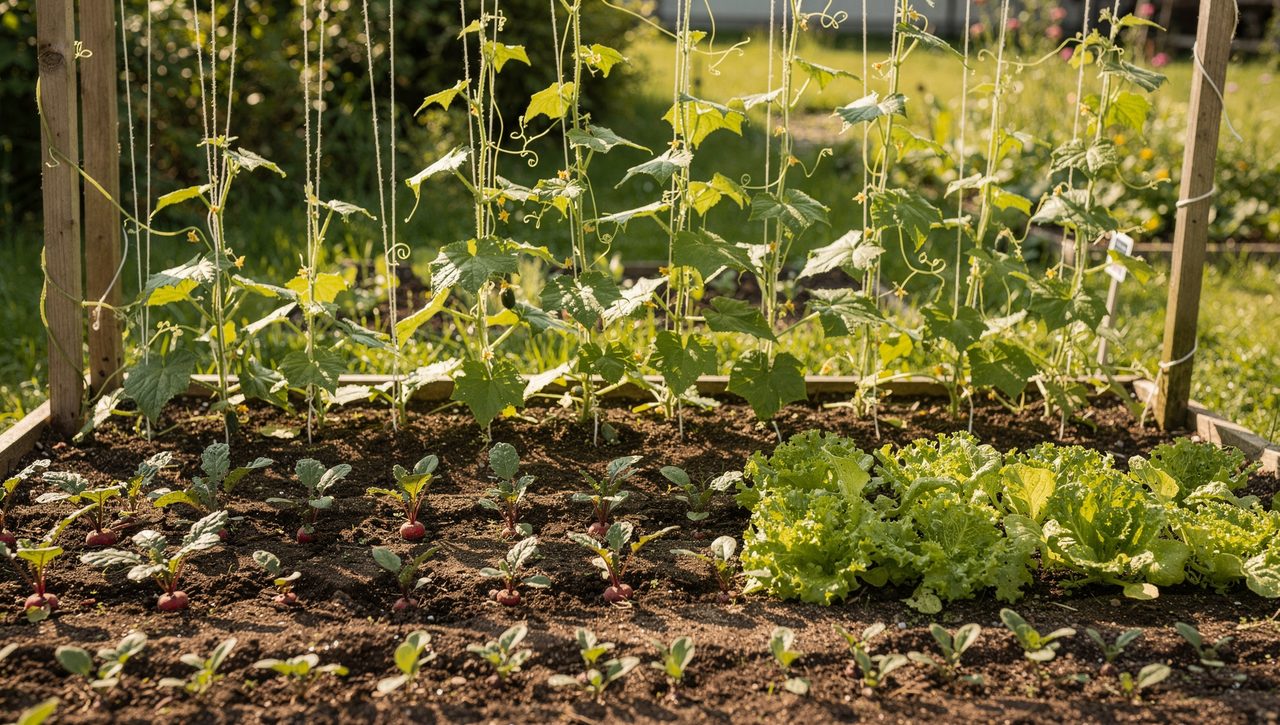 Cucumber vines trained up a vertical string trellis with radish seedlings and lettuce growing in the open soil at the base of the bed.