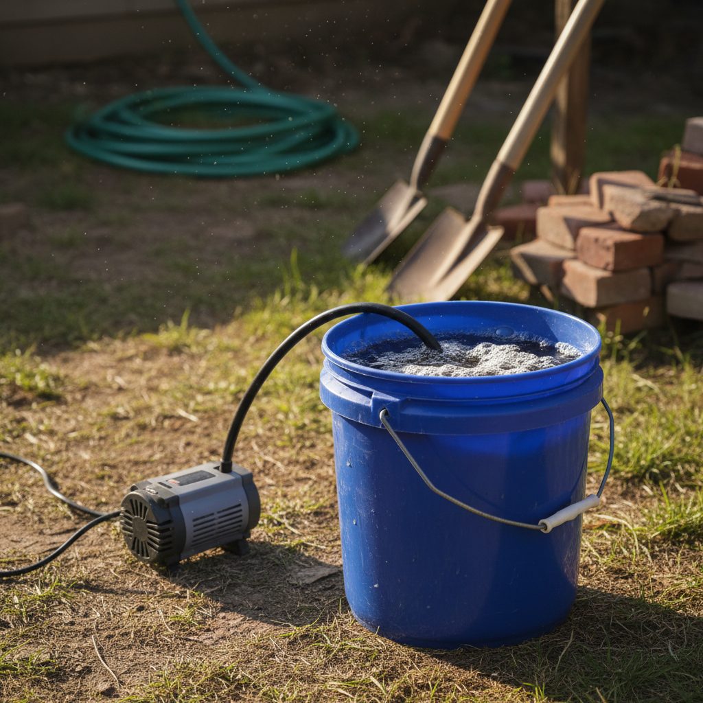 A DIY aerated compost tea setup in a 5-gallon bucket showing bubbles and an air pump.