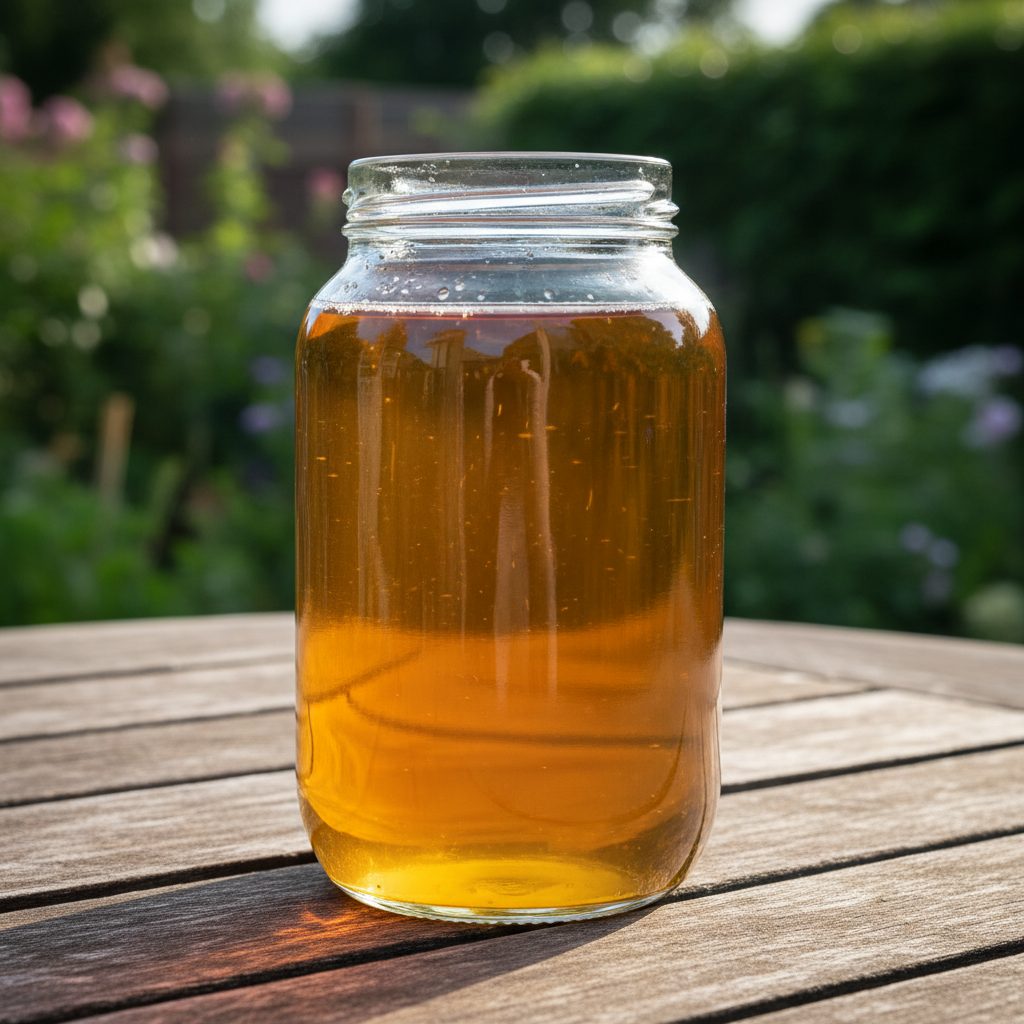 A glass jar filled with amber-colored compost tea resting on a clean wooden garden table, with sunlight streaming through the jar.